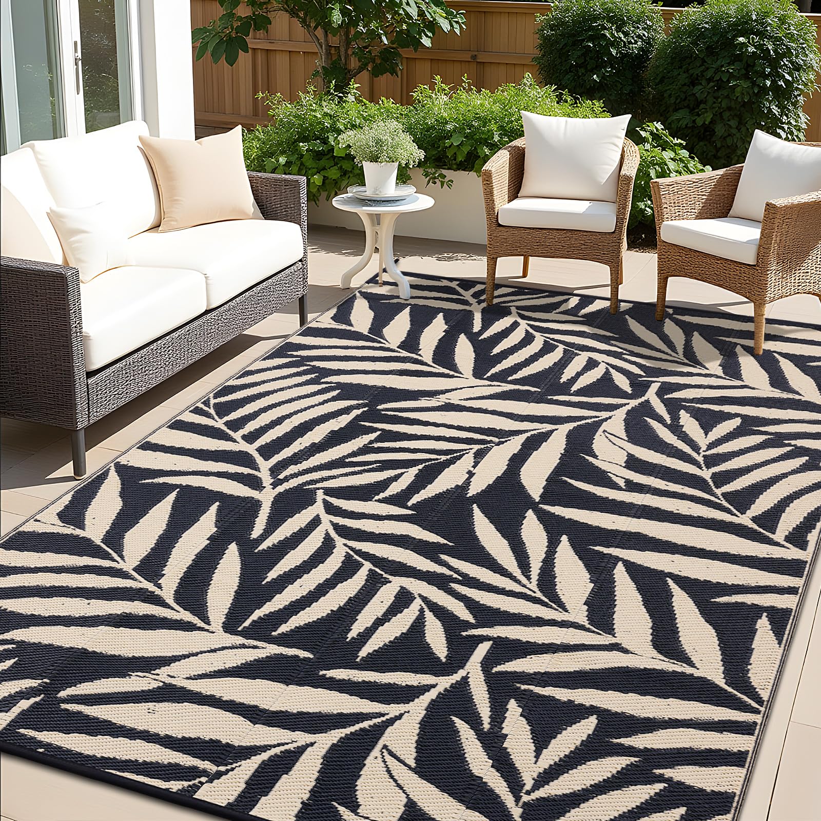 OLANLY Waterproof Outdoor Rug 8x10 ft, Reversible Outdoor Plastic Straw Rug with Leaf Pattern, RV Mat, Indoor Outdoor Carpet for Patio, Camping, Balcony, Deck, Backyard, Black & Beige