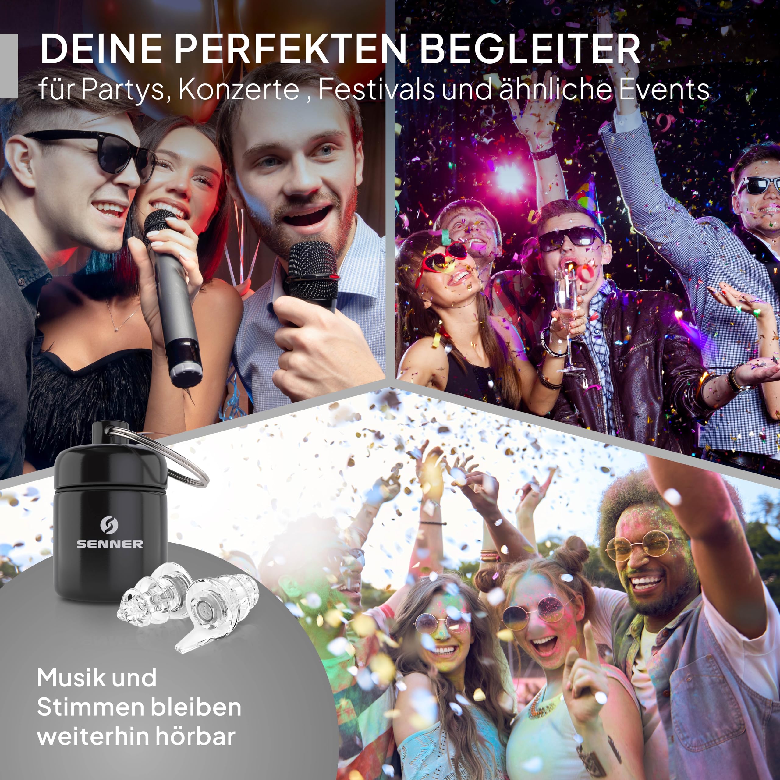 Senner ® PartyPro | Gehörschutz für Musik & Musiker - Ohrstöpsel für Festivals, Konzerte, Partys und Discos - transparente Party Earplugs mit 18 dB Lärmreduzierung - mit Alubehälter