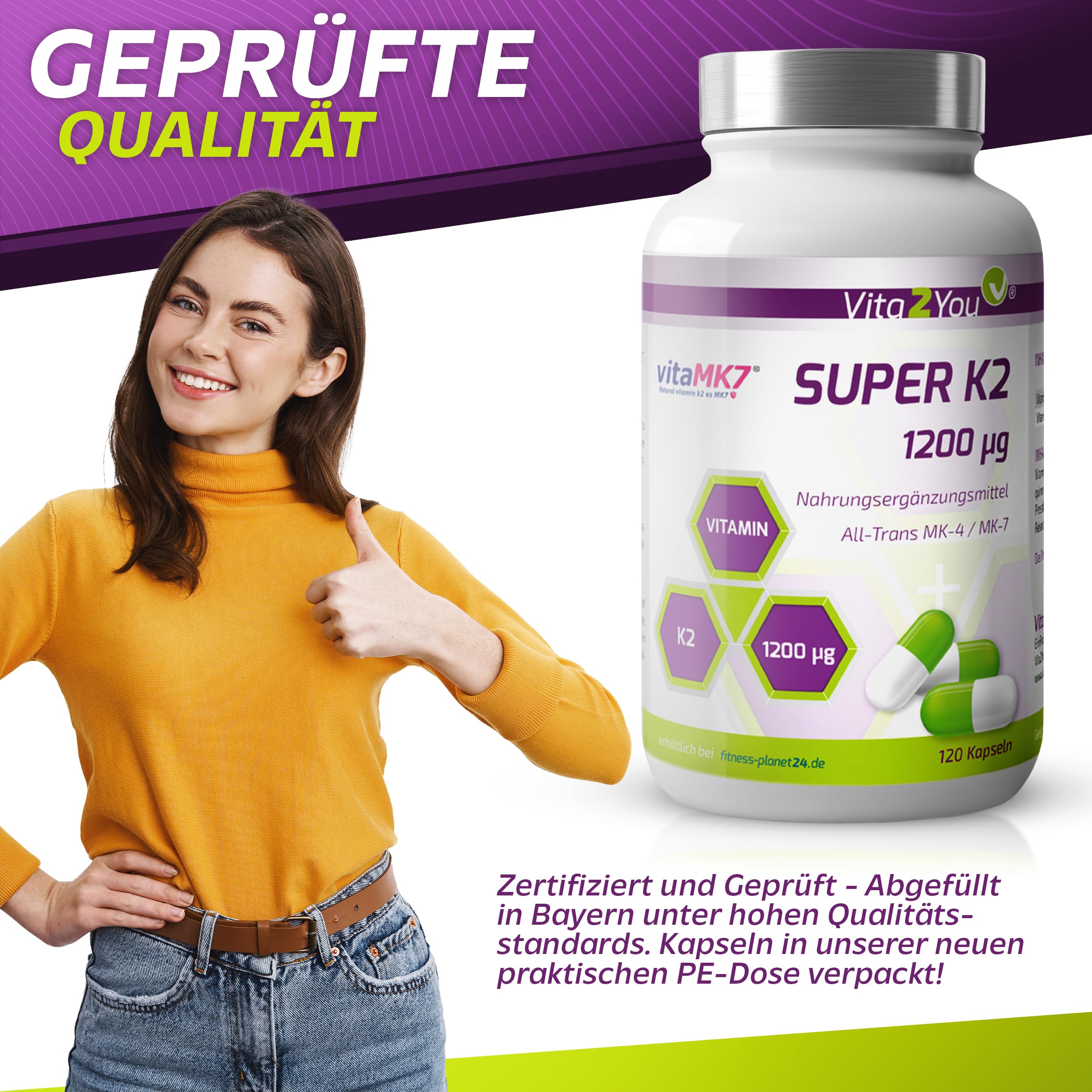 Vita2You Super K2-1200µg Vitamin K2 - Original vitaMK7® - (Natürliches MK-7) mit MK-4 >99% All Trans - 120 Kapseln - Hochdosiert - Premium Qualität