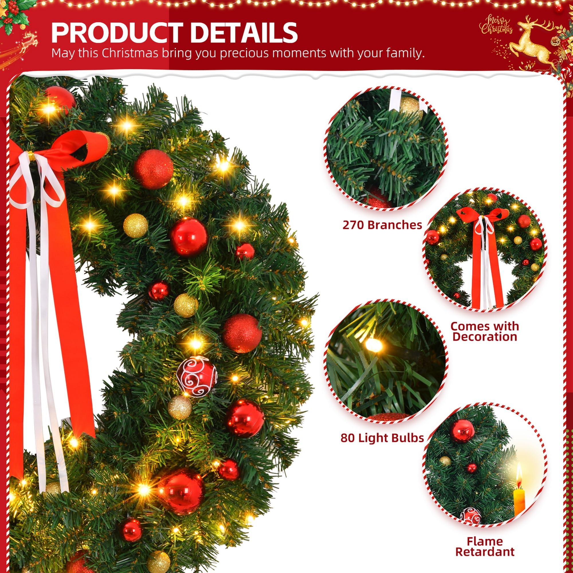 Karl home Couronne de Noël artificielle pré-éclairée alimentée par piles avec 80 lumières chaudes et 270 embouts en PVC et 18 décorations à faire soi-même, pour porte d'entrée, mur, décoration de fête