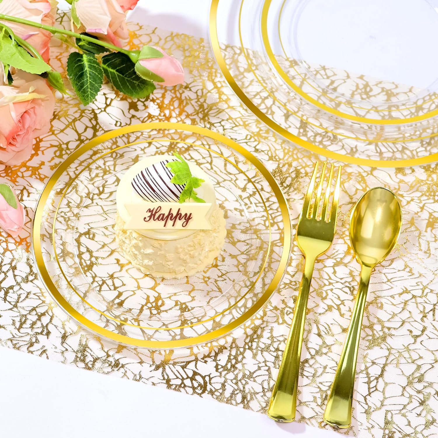 200 PCS Clear Gold Plastic Plates, Gold Rimmed Disposable Party Plates Include 100 Dinner Plate and 100 Dessert Plate Perfect for Party, Holiday, Birthday, Wedding