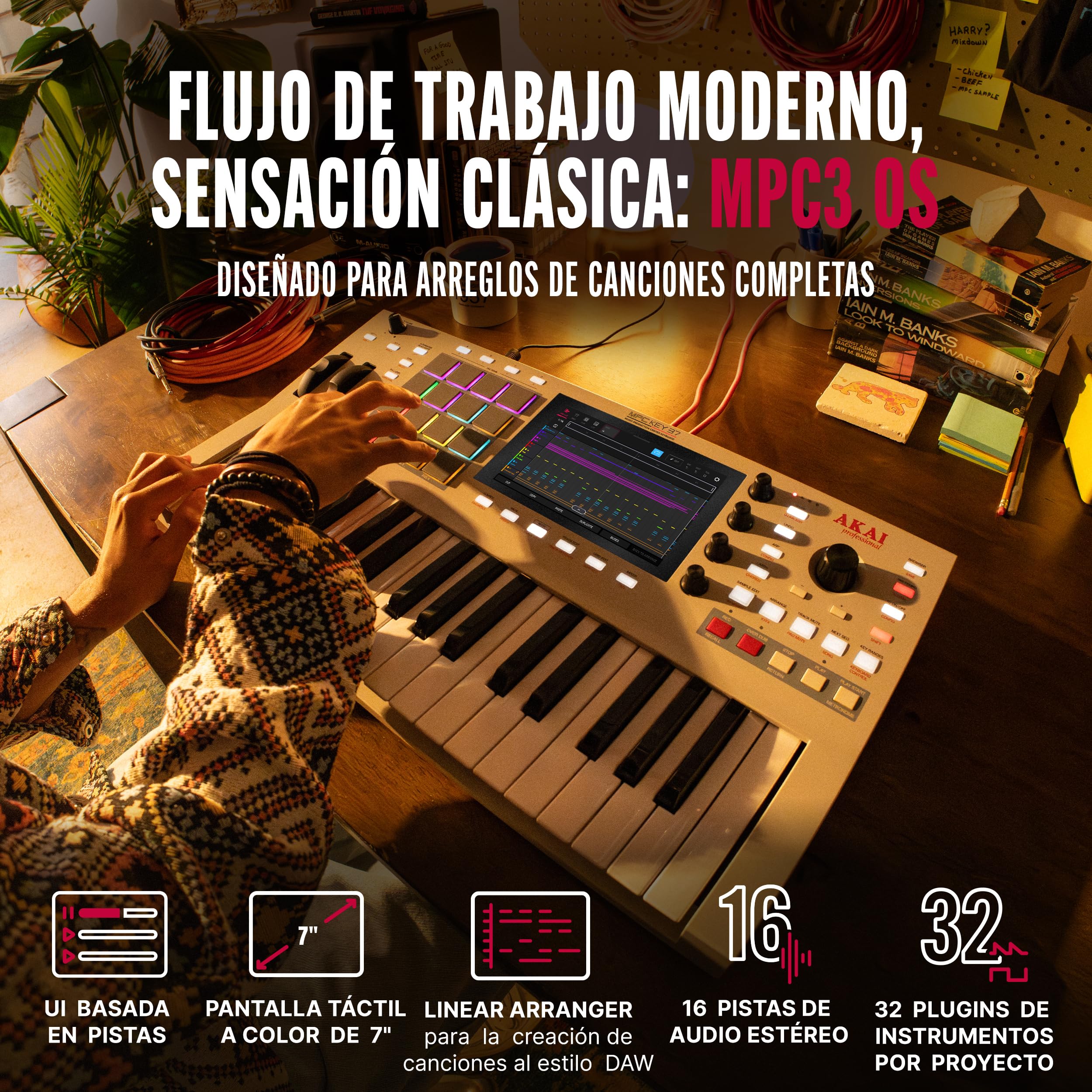 Akai Professional MPC Key 37 G2 Teclado de Producción Autónomo Next-Gen | Sintetizador para Productores, Sampling y Sequencing, con USB-C, 37 Teclas, 16 Pads MPC, Procesador 8-core, 4 GB RAM
