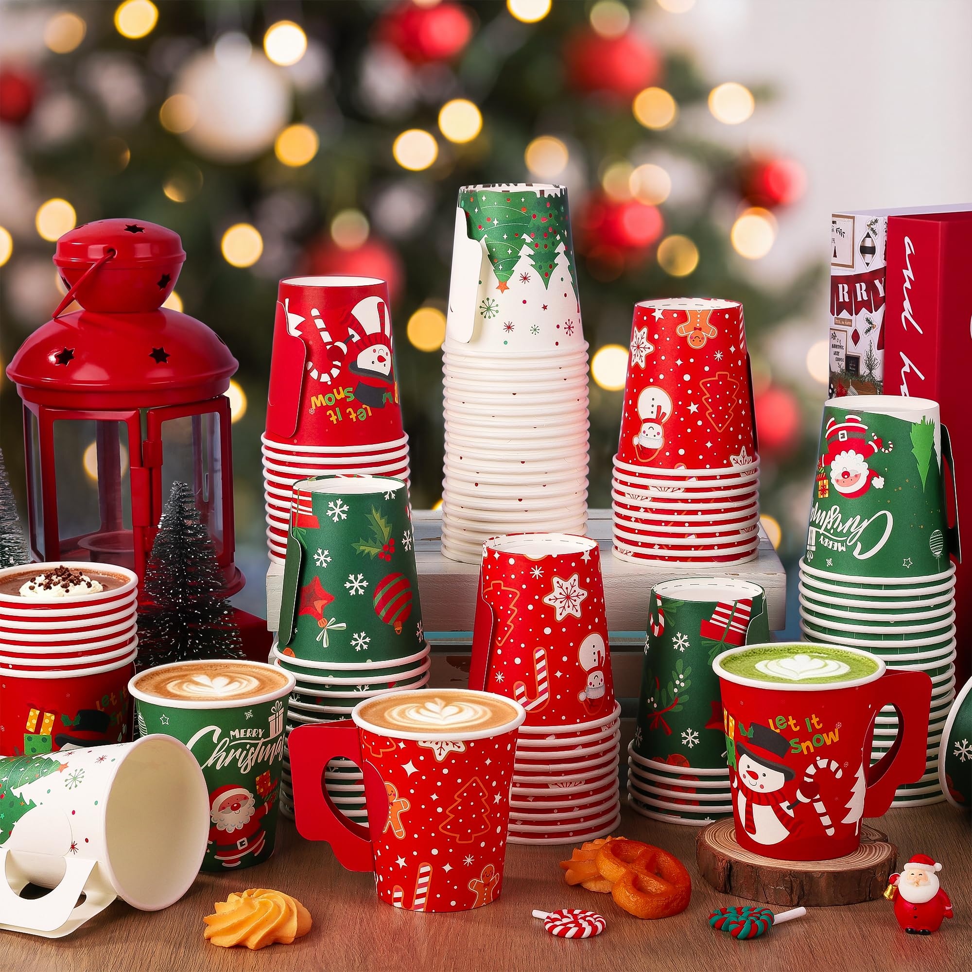 Aodaer 200 Stück 8oz Weihnachts-Pappbecher mit Henkel