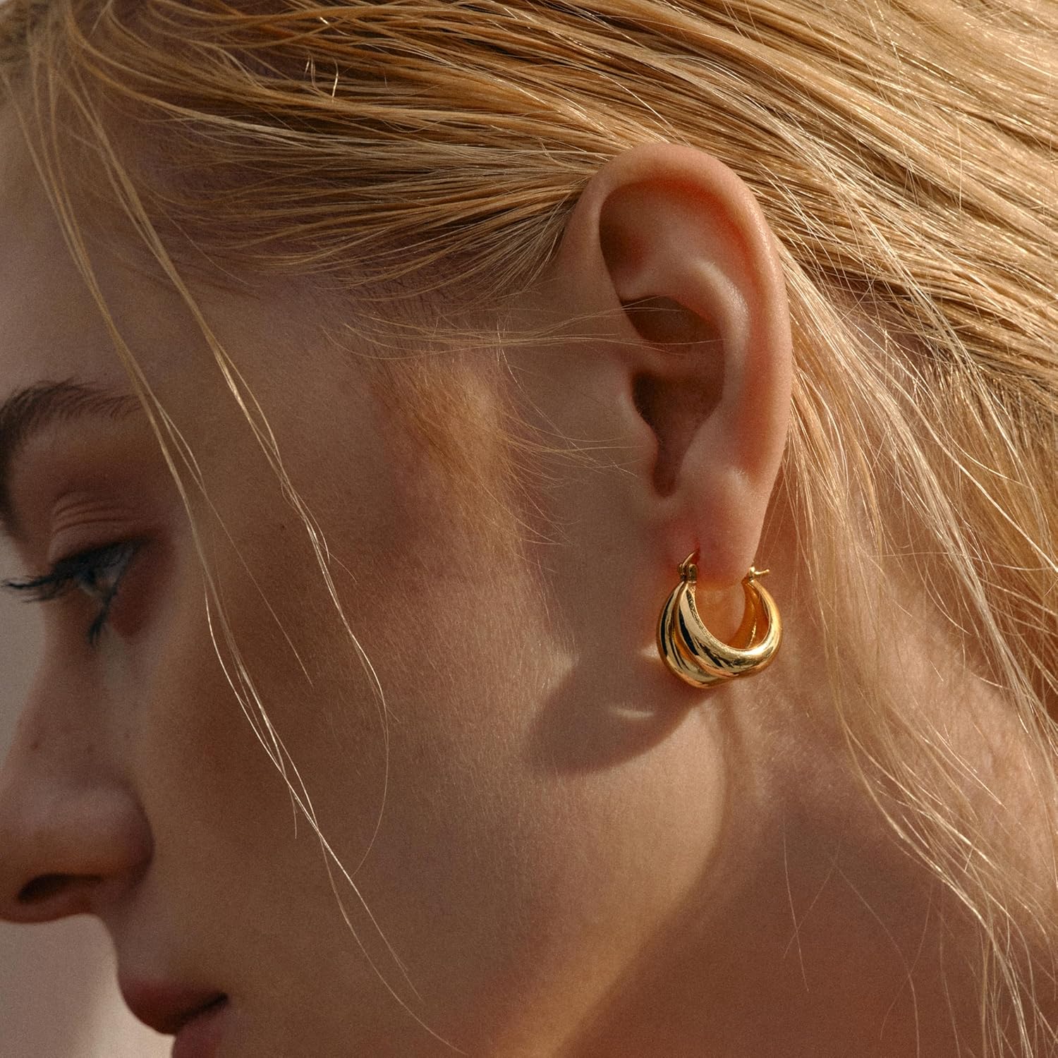 Chunky Gold Huggie Earrings for Women, 18K Gold Plated Double Hoop Earrings Split Hoops Earring Sterling Silver Post Statement Earring Jewelry Hypoallergenic Lightweight Hoops Gifts - Image 5