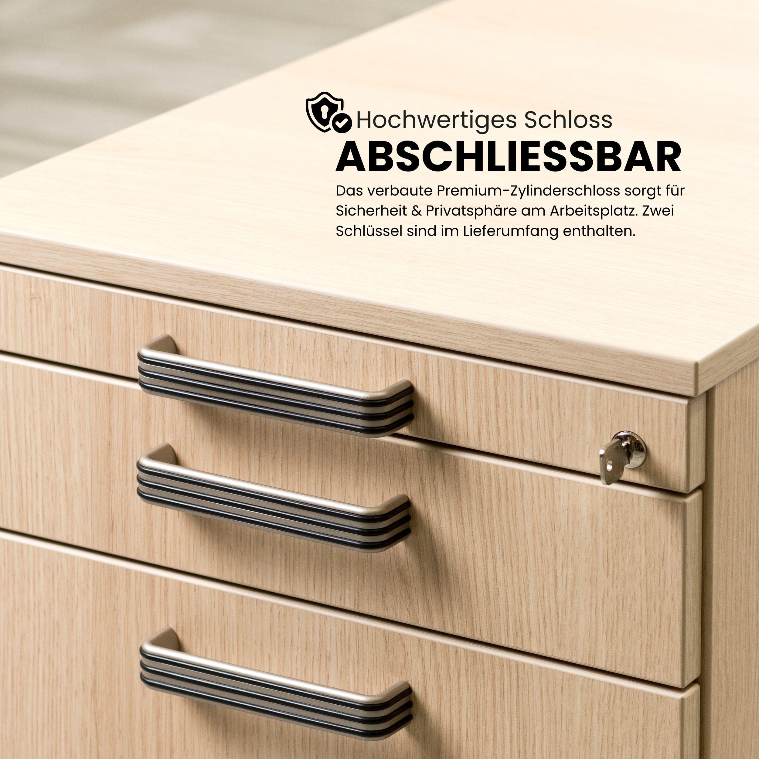 bümö Schreibtisch Schrank abschließbar, Schubladenschrank Holz in Asteiche, Container mit Schubladen - Schubladen Schrank Büro, Schreibtisch Container od. Schreibtisch Kommode mit Relinggriffe