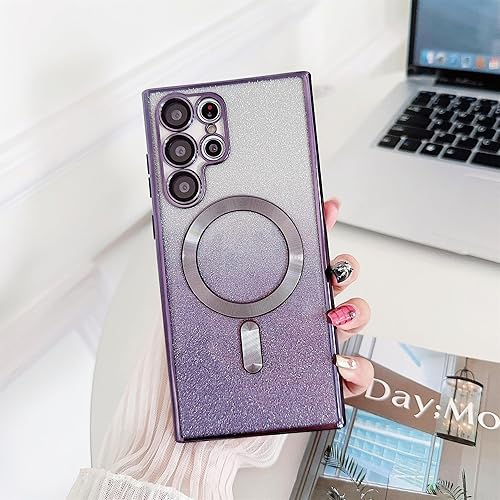 Miniatura 2 de Diseñada para Samsung Galaxy S22 Ultra, funda magnética con purpurina chapada en degradado compatible con MagSafe, con protector de lente de cámara,