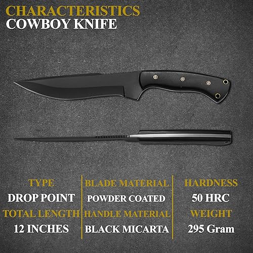 Miniatura 7 de HMC Cuchillo de transporte horizontal, hecho a mano, de acero de alto carbono, cuchillo de caza de ciervos de espiga completa con funda de cuero