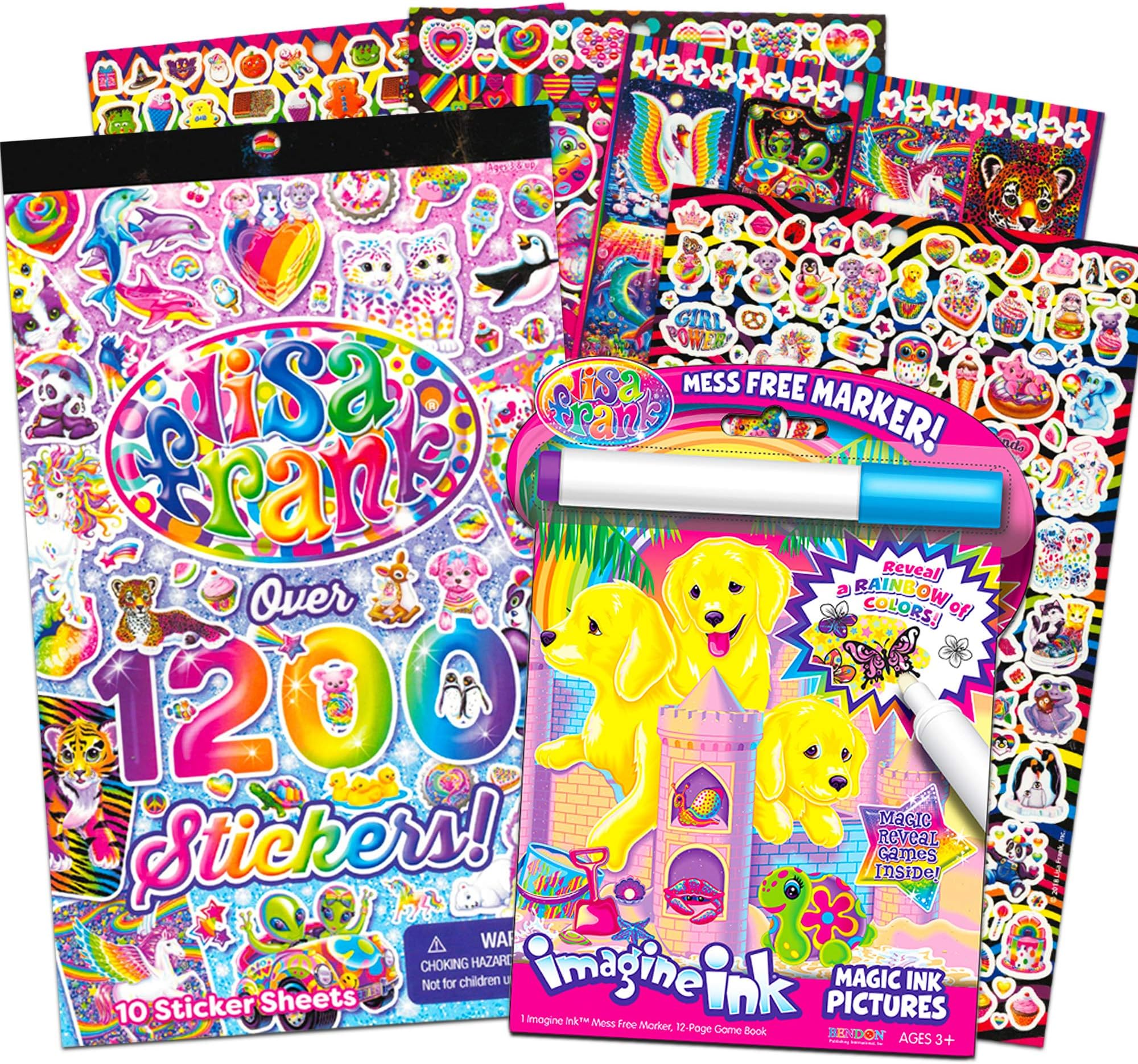 Lisa Frank Imagine Ink Coloring Book and Stickers Set for Kids Toddlers - Mess Free Magic Ink Coloring Book with 1200 Lisa Frank Stickers (No Mess Coloring Bundle)