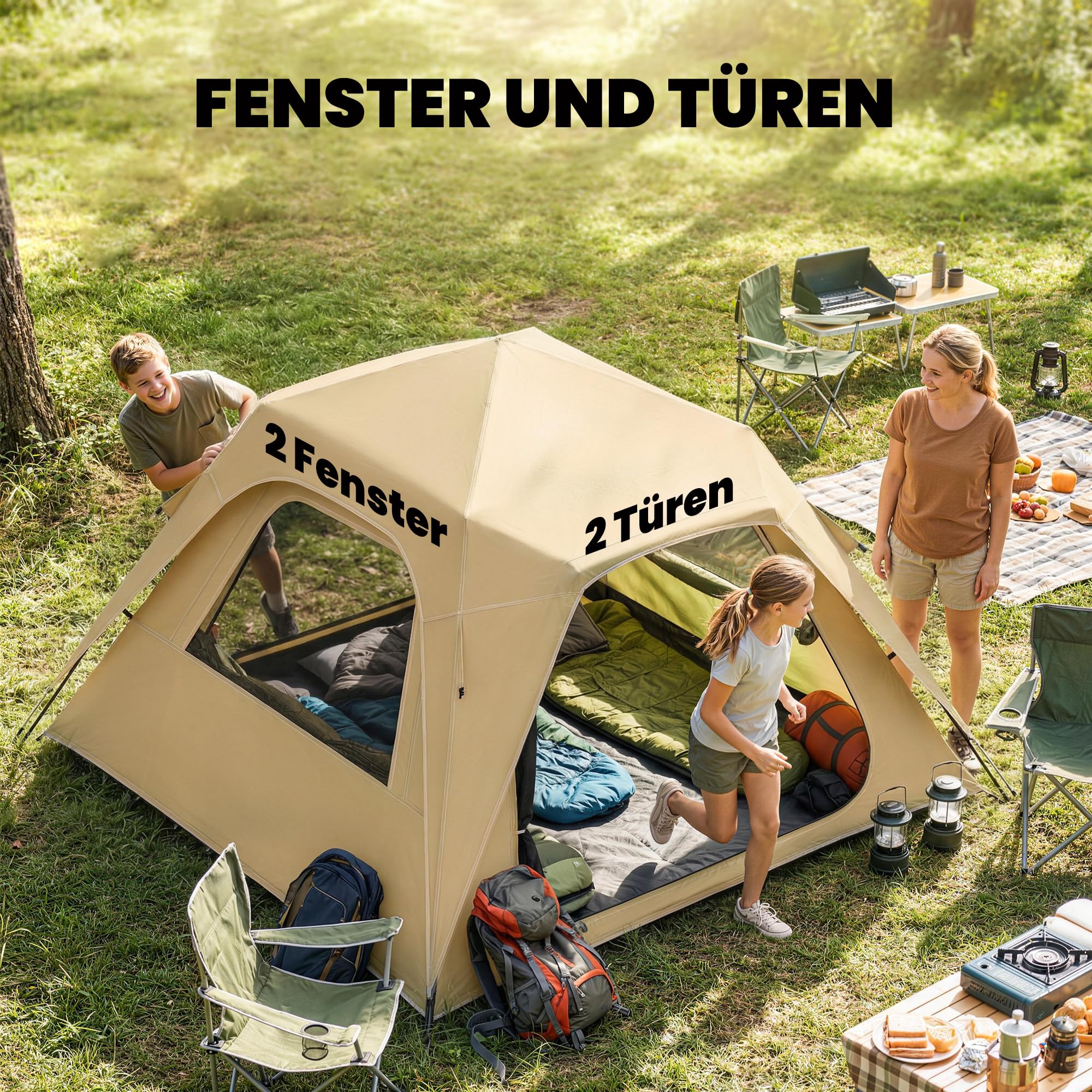 Outsunny Instant-Pop-Up-Zelt mit Regenschutz Outdoor Familienzelt Khaki | Für 2-3 Personen, Wasserdicht, Kuppelzelt, 2 Türen, 2 Fenstern, Tragetasche