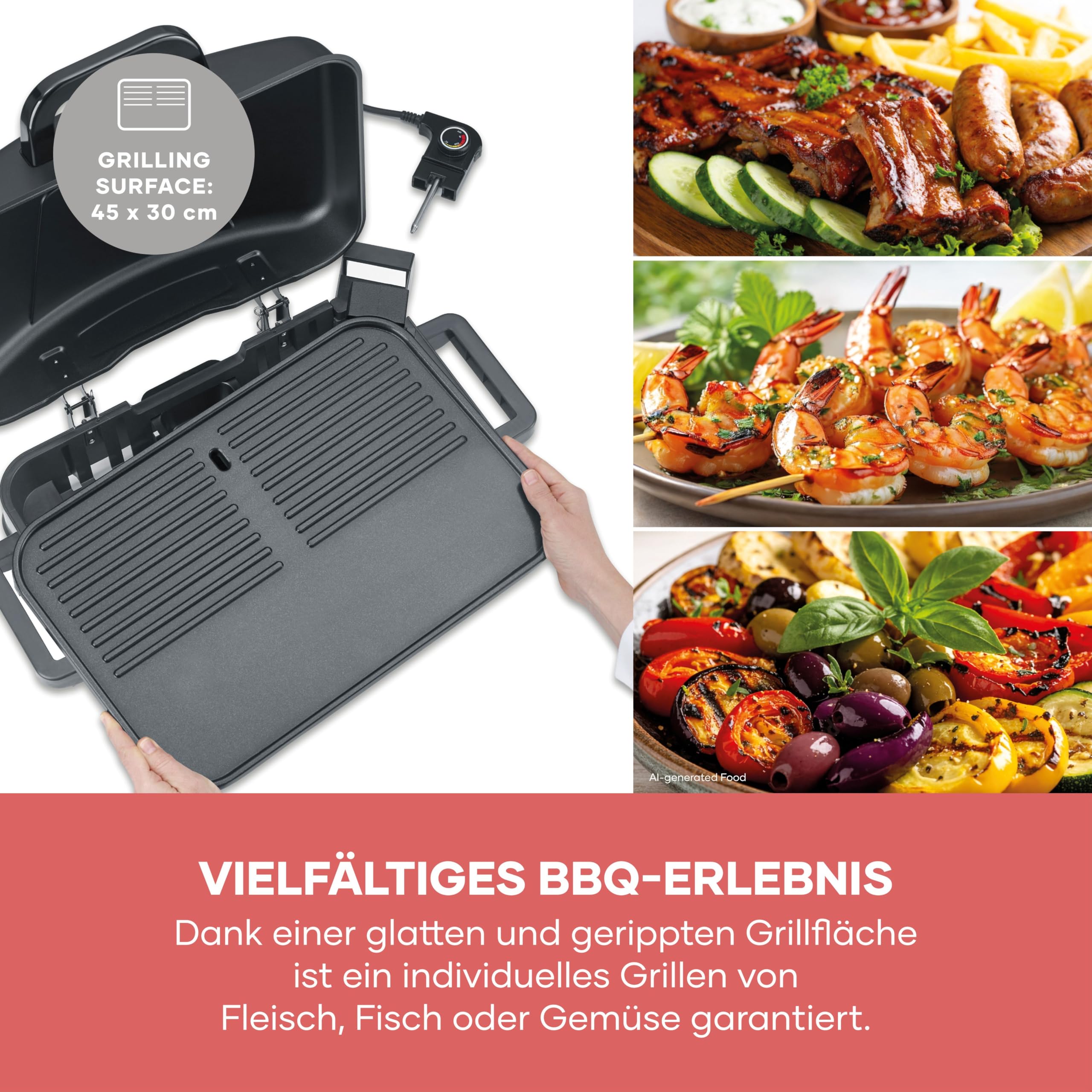 Severin Stand- und Tischgrill, Elektro-Grill für Balkon, 2300W, 10 Min. Aufheizzeit, Keramik-Beschichtung, max. 230°C, mit Deckel, Standgestell, Thermometer, 45x30cm Grillfläche, matt-schwarz, PG 8598