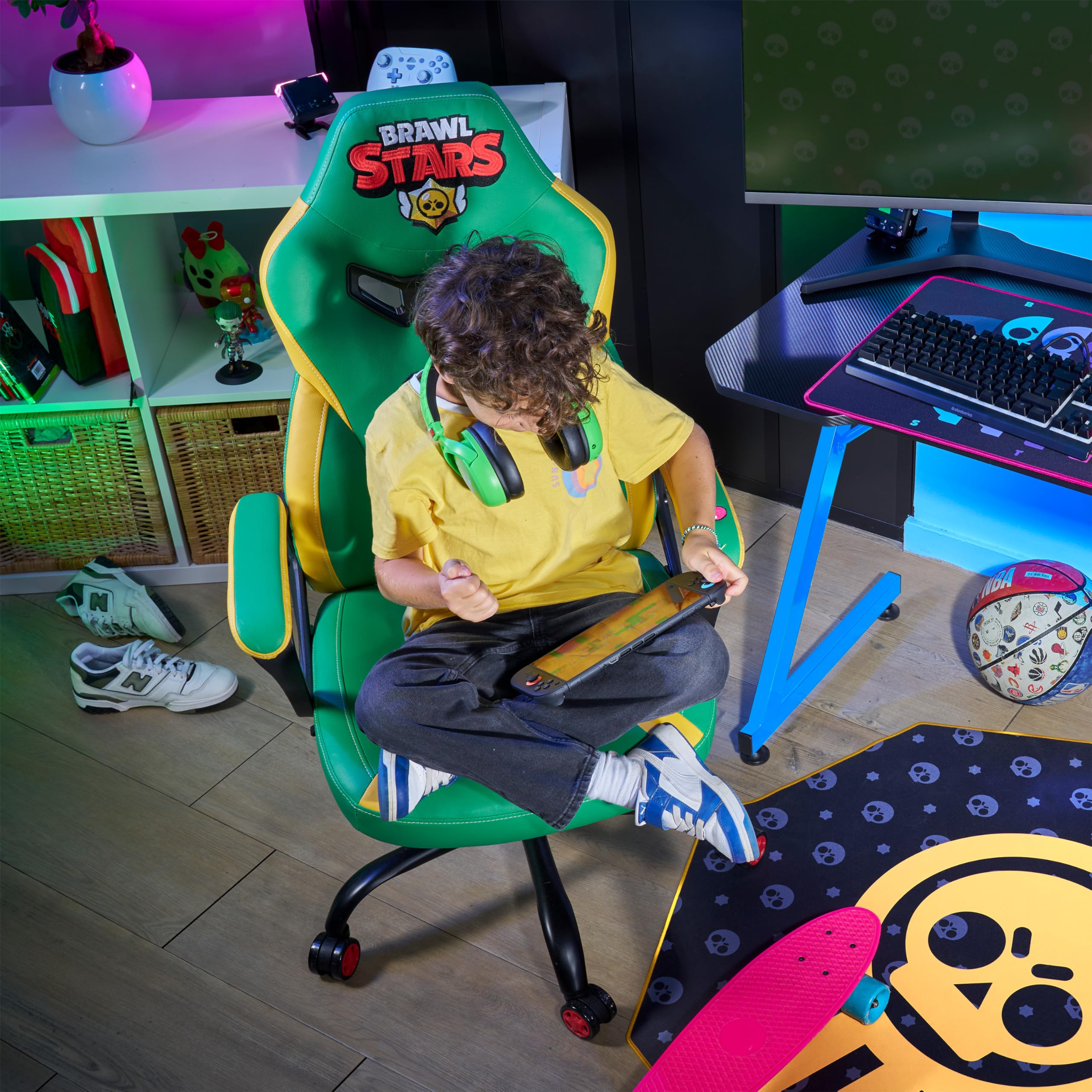 SUBSONIC - Junior Gaming Stuhl Brawl Stars Leon - Bürostuhl | Offizielle Lizenz, Ergonomisch, Hochdichter Schaum, Armlehnen, Höhenverstellbar - Für Kinder und Jugendliche