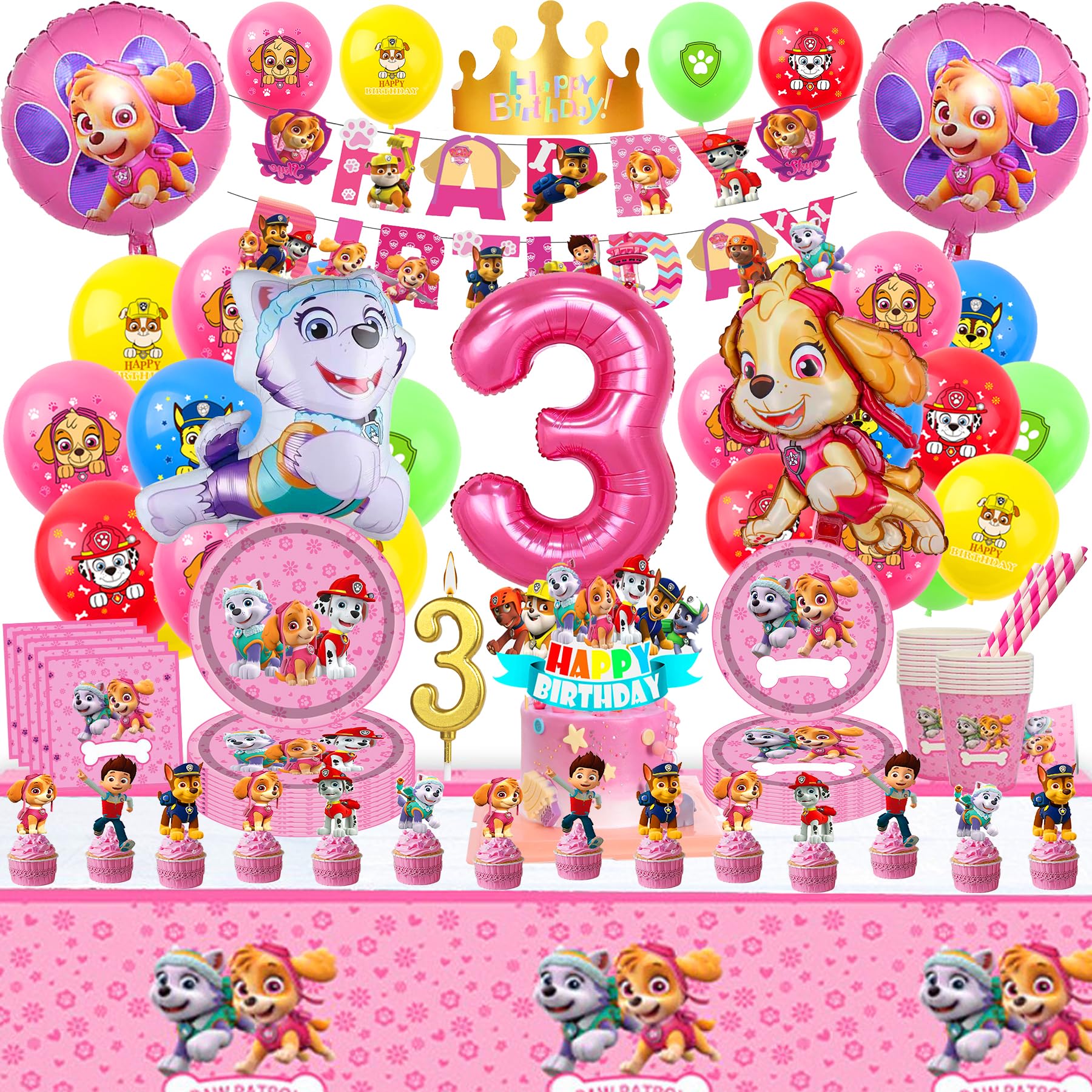 114 Stück Geburtstag Deko 3 Jahre, Partygeschirr Teller Geburtstagsdeko Mädchen 3 Jahre Kindergeburtstag Pappteller Geschirr Luftballon 3 Geburtstag Tortendeko deko 3 Jahre (Rosa Dog 3)