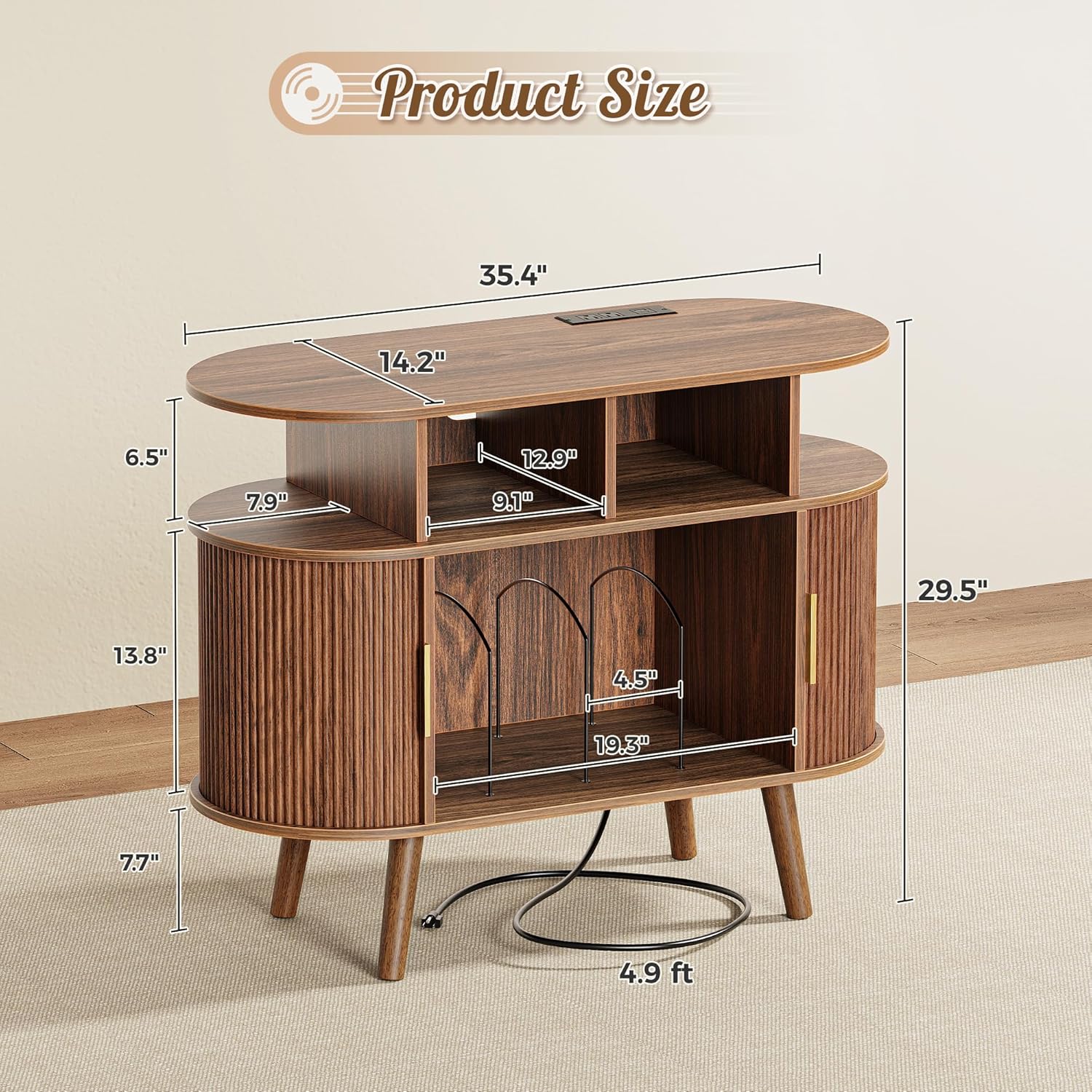 Diagram showing the dimensions of the PRAISUN 35.4 Inch Record Player Stand, including width, height, and depth measurements.