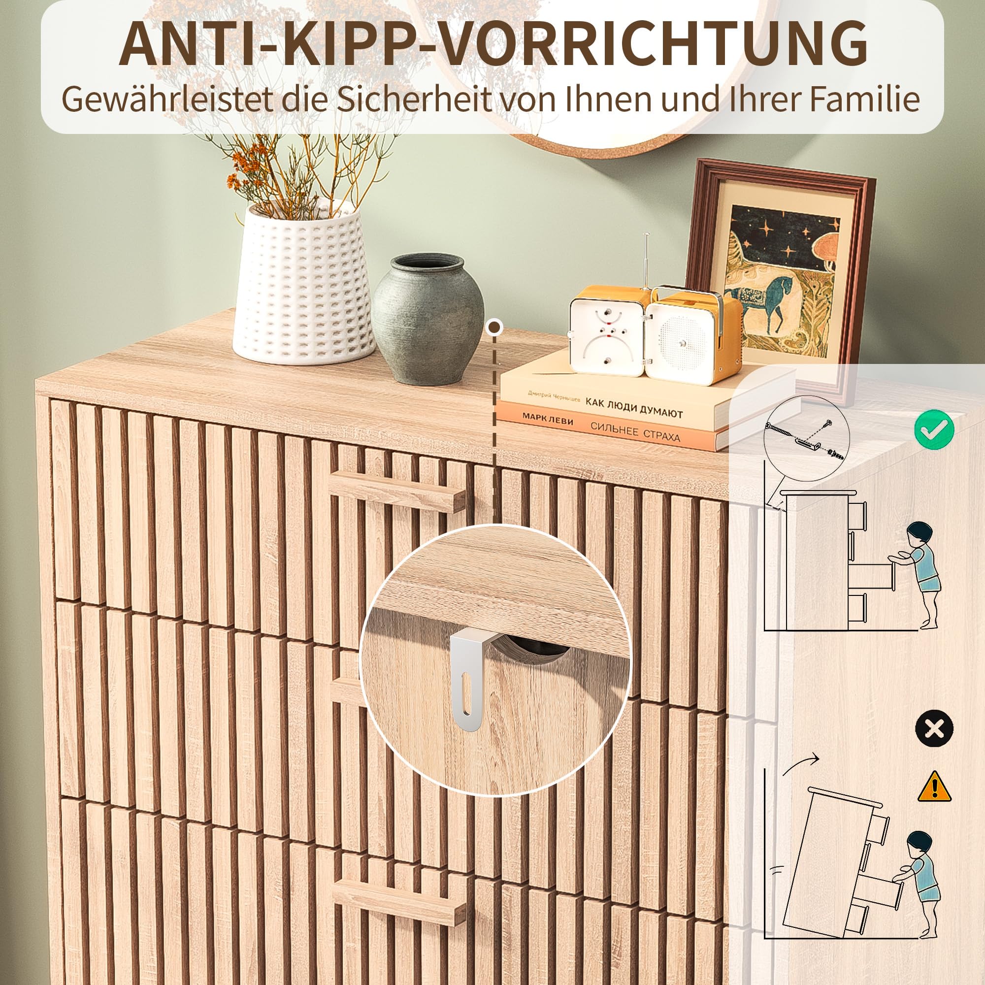Komoda z 6 szufladami, 100 × 34 × 73 cm, rustykalna komoda, drewniany organizer do przechowywania, komody, do przechowywania ubrań w stylu boho, szafka nocna do salonu, przedpokoju,
