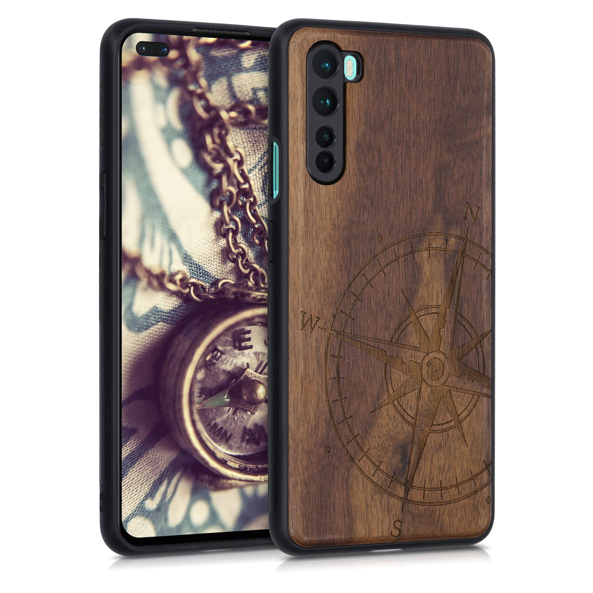 Kwmobile Custodia In Legno Con Bumper Silicone Per OnePlus Nord, Cover Vintage Bussola Marrone Scuro - 2