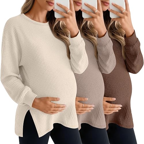 3 Pack Women's Maternity Shirts Long Sleeve Waffle Knit Side