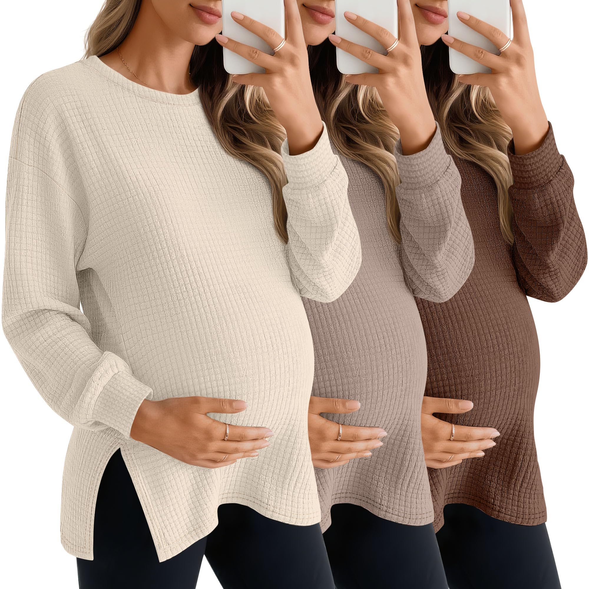 3 Pack Womens Maternity Shirts Long Sleeve Waffle Knit Side Split Oversized Tops Pregnancy Clothes Fall Tees