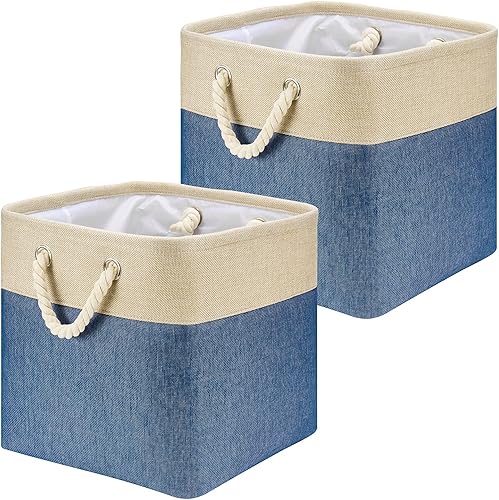 HSDT QY-SC31-2 - Contenedores de almacenamiento de tela de 13 x 13 x 12.5 pulgadas, color beige y azul marino, canastas organizadoras de tela