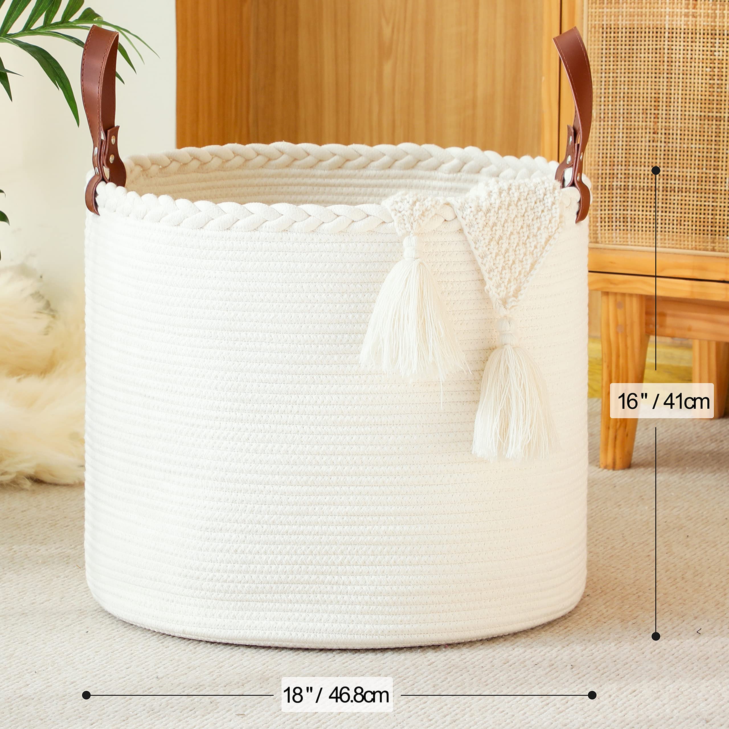 KAKAMAY Large Cotton Rope Blanket Basket - White -6