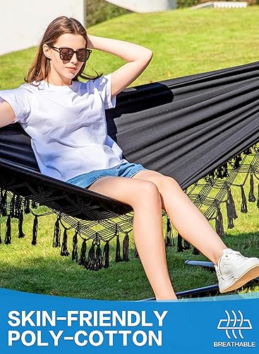Miniatura 5 de PNAEUT Hamacas con borlas hechas a mano, hamaca doble con soporte para interior y exterior, capacidad máxima de 450 libras, almohada y bolsa de