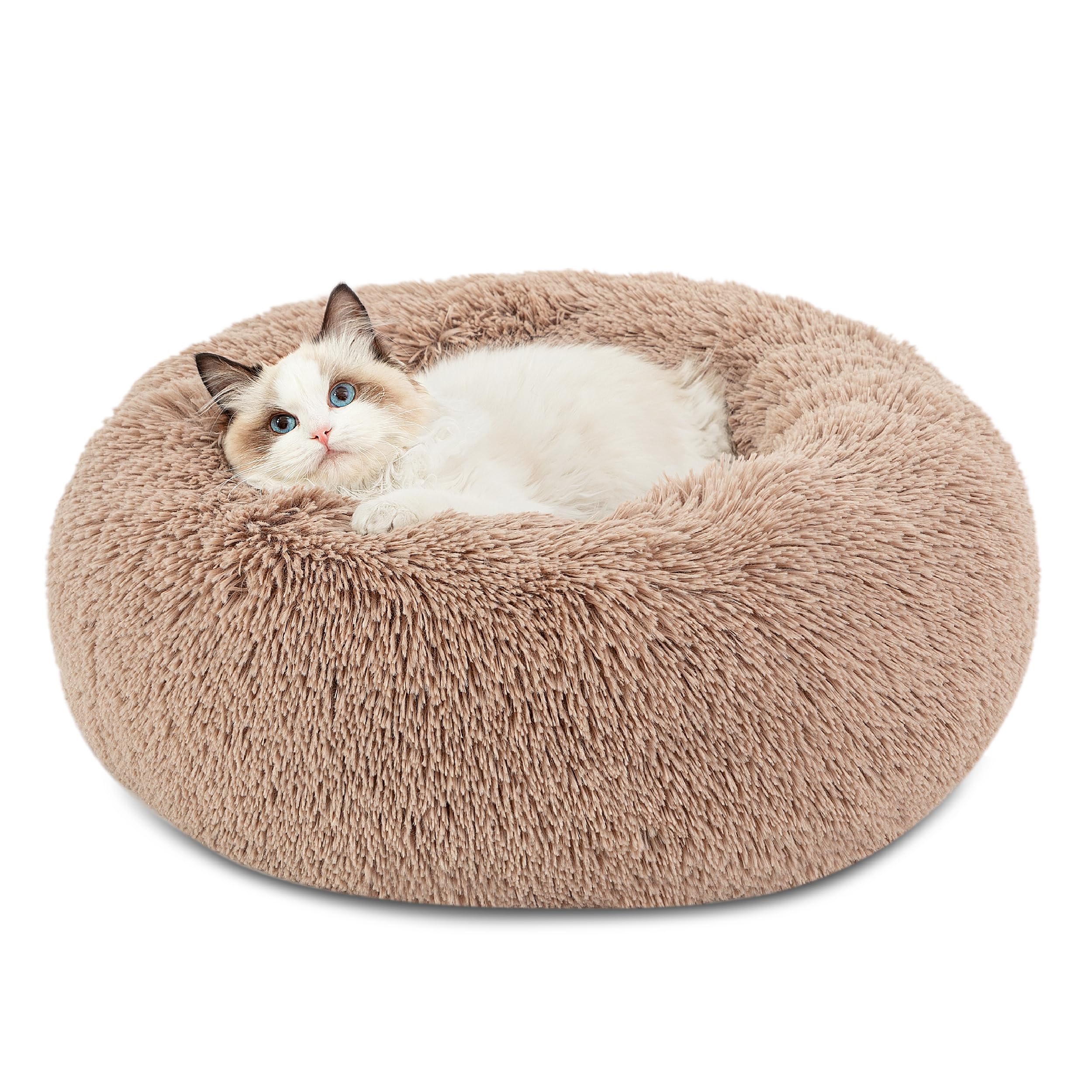 Bedsure Calming Cat Beds for Indoor Cats - Small Cat Bed Washable 20 inches, Anti-Slip Round Fluffy Plush Faux Fur Pet Bed, Fits up to 15 lbs Pets, Camel