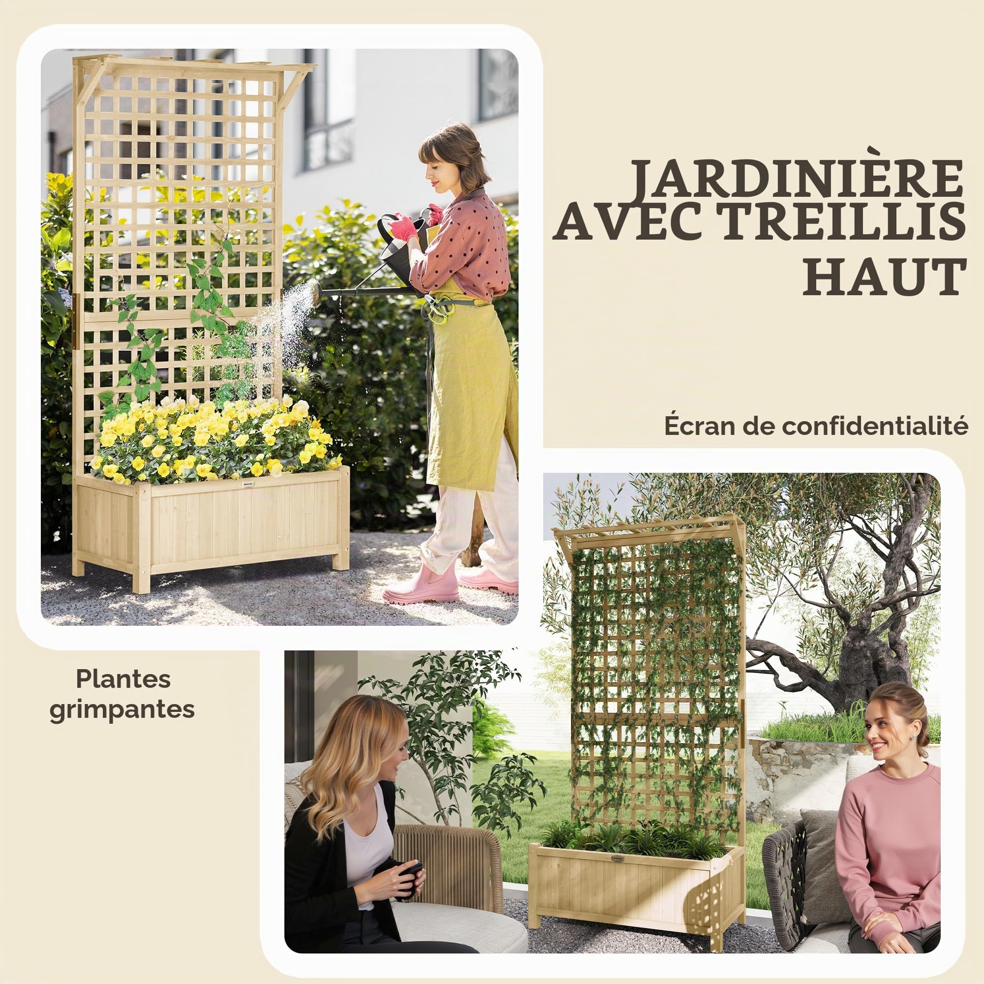 Outsunny Jardinière en bois avec treillis pour plantes grimpantes, plate-bande surélevée, jardinière avec trous de drainage pour cultiver des légumes, des herbes et des fleurs pour jardin, terrasse