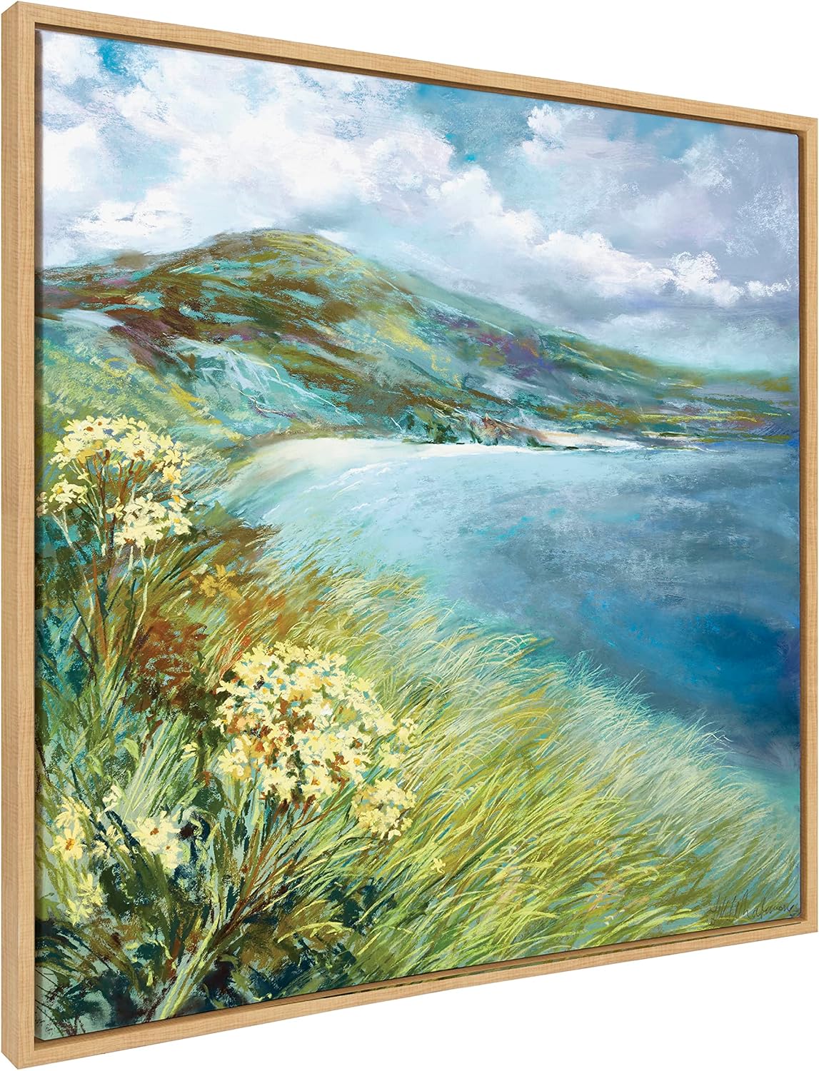 Kate and Laurel Sylvie Emerald Isle Ring of Kerry Framed Canvas Wall Art by Nel Whatmore; 30x30 Natural; Beach Mountain Landscape Art for Wall Home Decor
