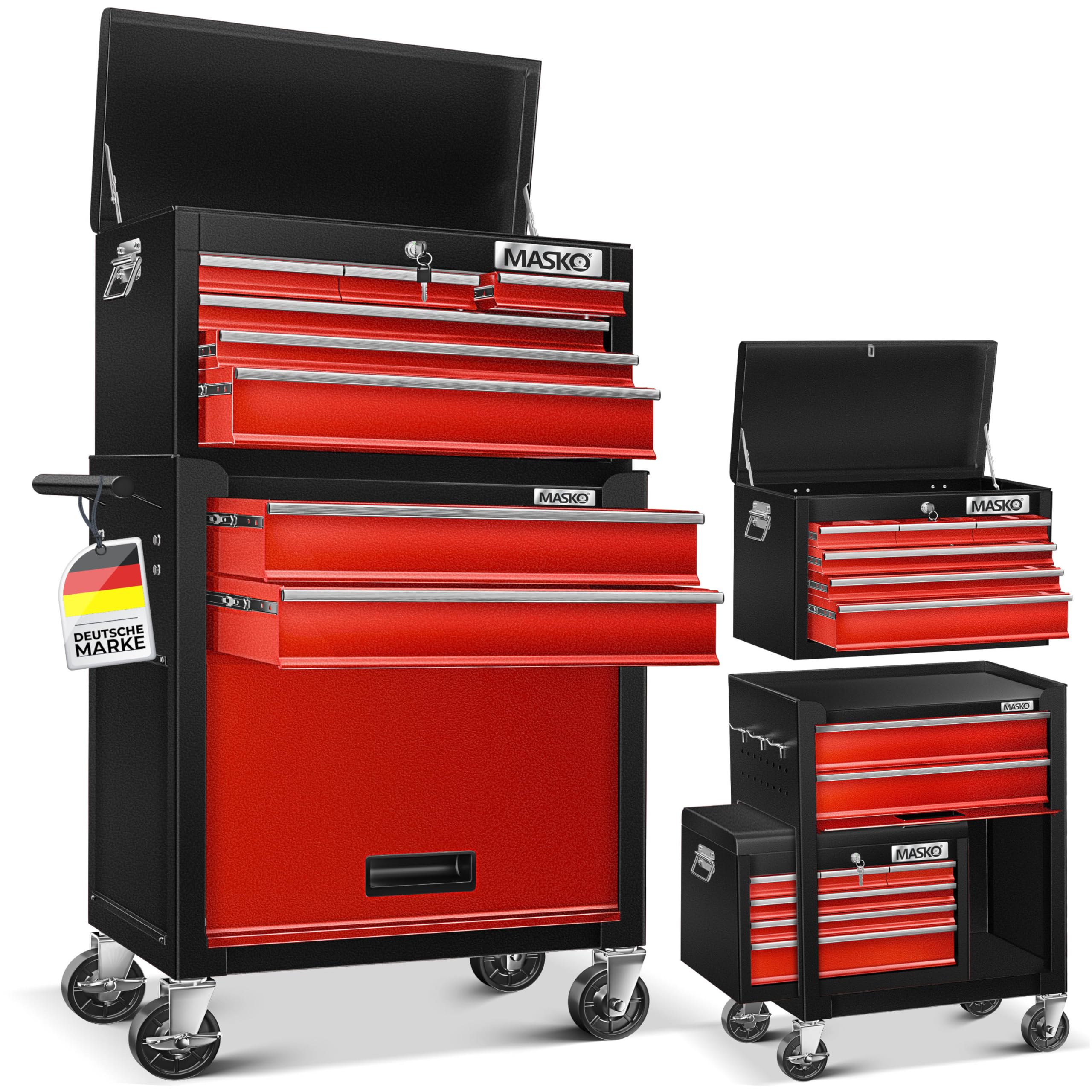 Masko Workshop Trolley with Case Included, 9 Compartments Lockable Solid Metal Tool-Free Tool Storage Trolley - Red