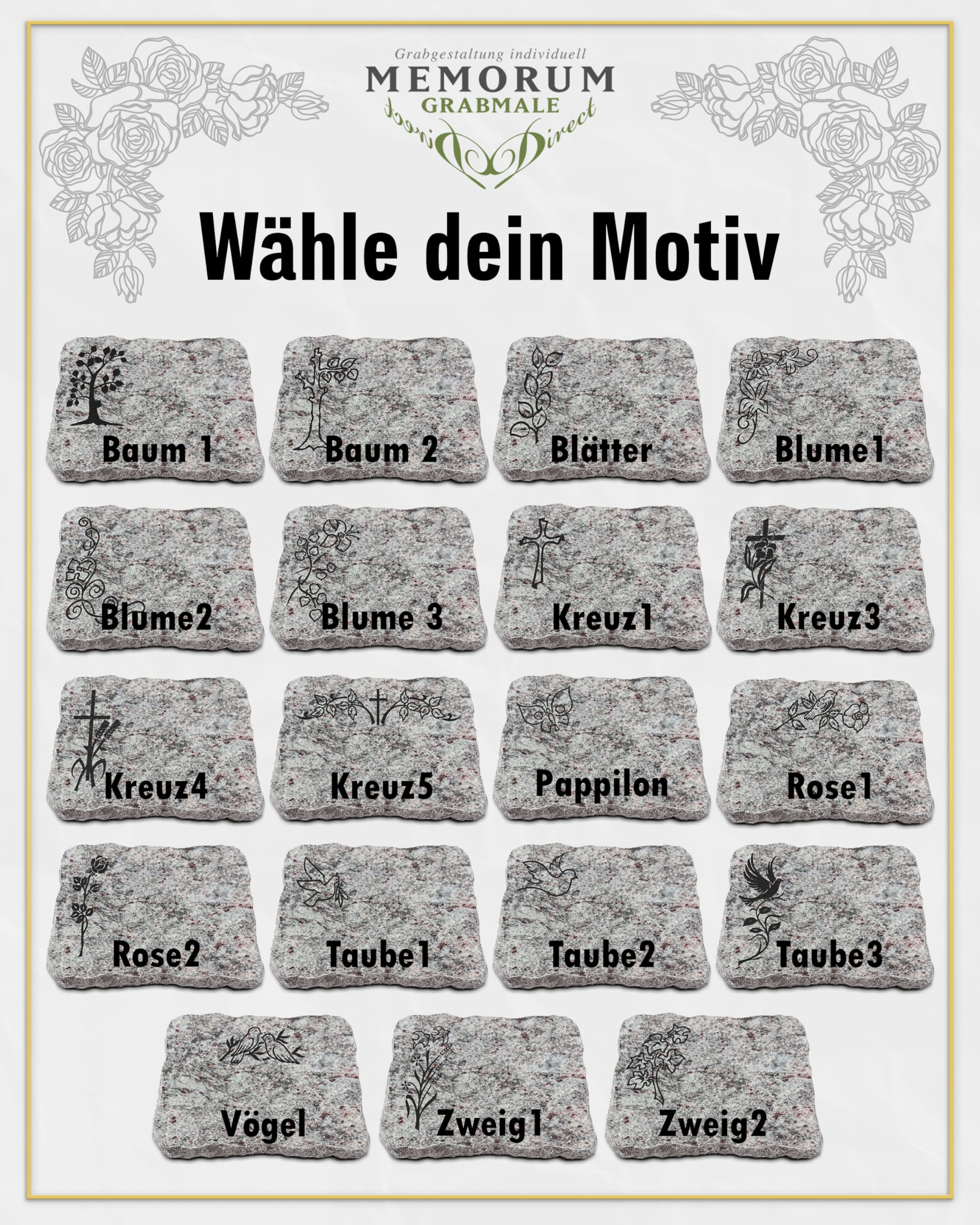 Grabplatte, Grabstein, Grabkissen, Urnengrabstein, Liegegrabstein Modell Pure 40 x 30 x 5 cm Marina Blue-Granit, poliert inkl. Gravur (Sandstrahl-Ornament Baum 1)