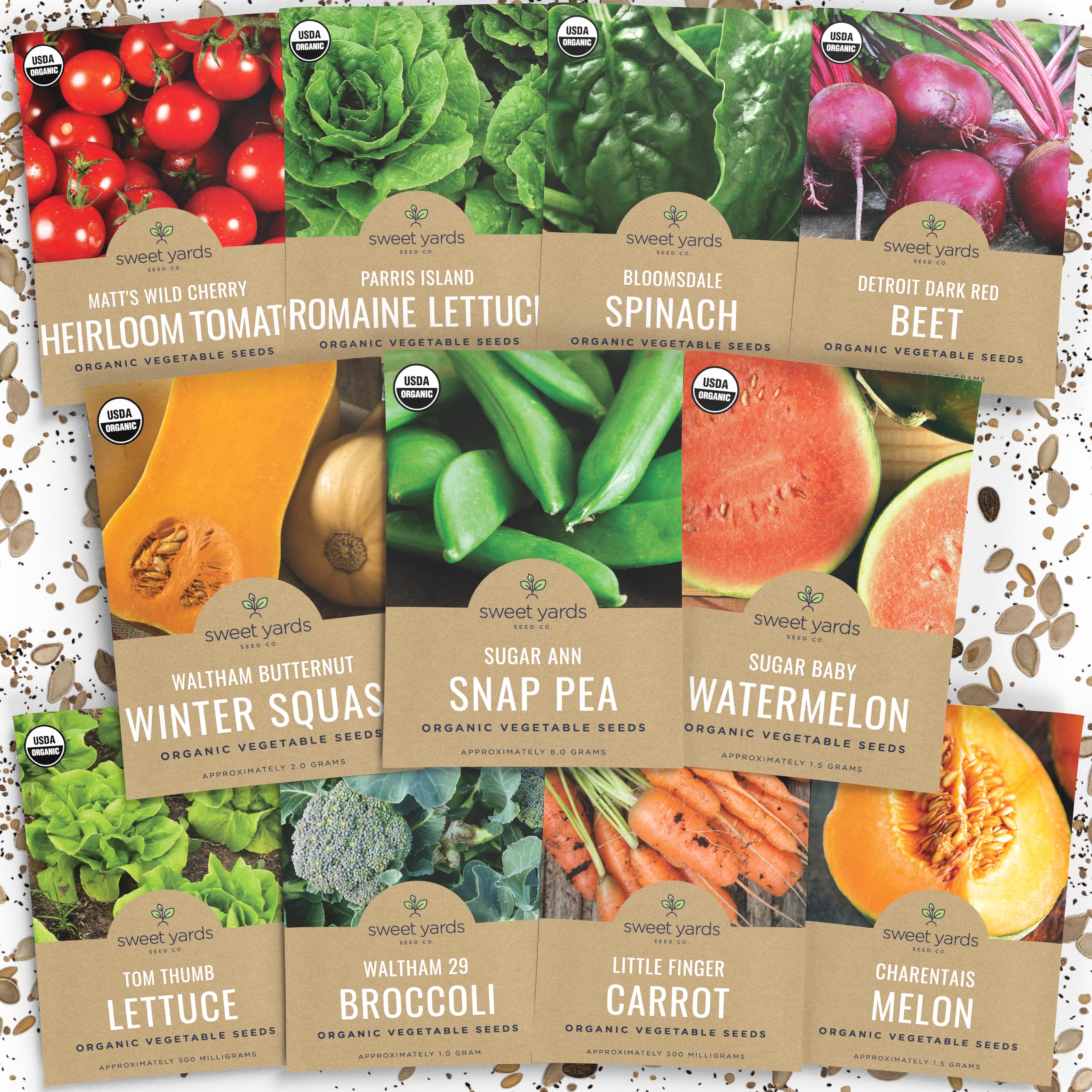 Organic Heirloom Garden Seeds Variety Pack - 10 Individual Packs - 2025 Season - Cherry Tomatoes, Spinach, Squash, Watermelon and More! for Indoor & Outdoor Planting (Non-GMO, Certified Organic)USDA Organic