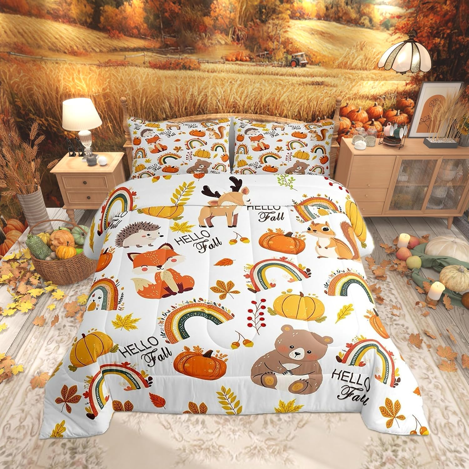 Manfei Fall Comforter Set Twin Size, Pumpkin Leaves Cartoon Rainbow Fox Bear Deer Bedding Set 2pcs for Kids Boys Girls, Autumn Harvest Quilt Set Soft Polyester Duvet Set with 1 Pillowcase