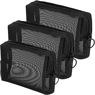 Sibba 3Pcs Mini Zipper Toiletry Bag Mesh Organizer Nylon Waterproof Small Wallet Cosmetic Bag Storage Makeup Bags Office Travel Organizer Accessories Set Makeup Tasc (2M+1S),Black,Makeup