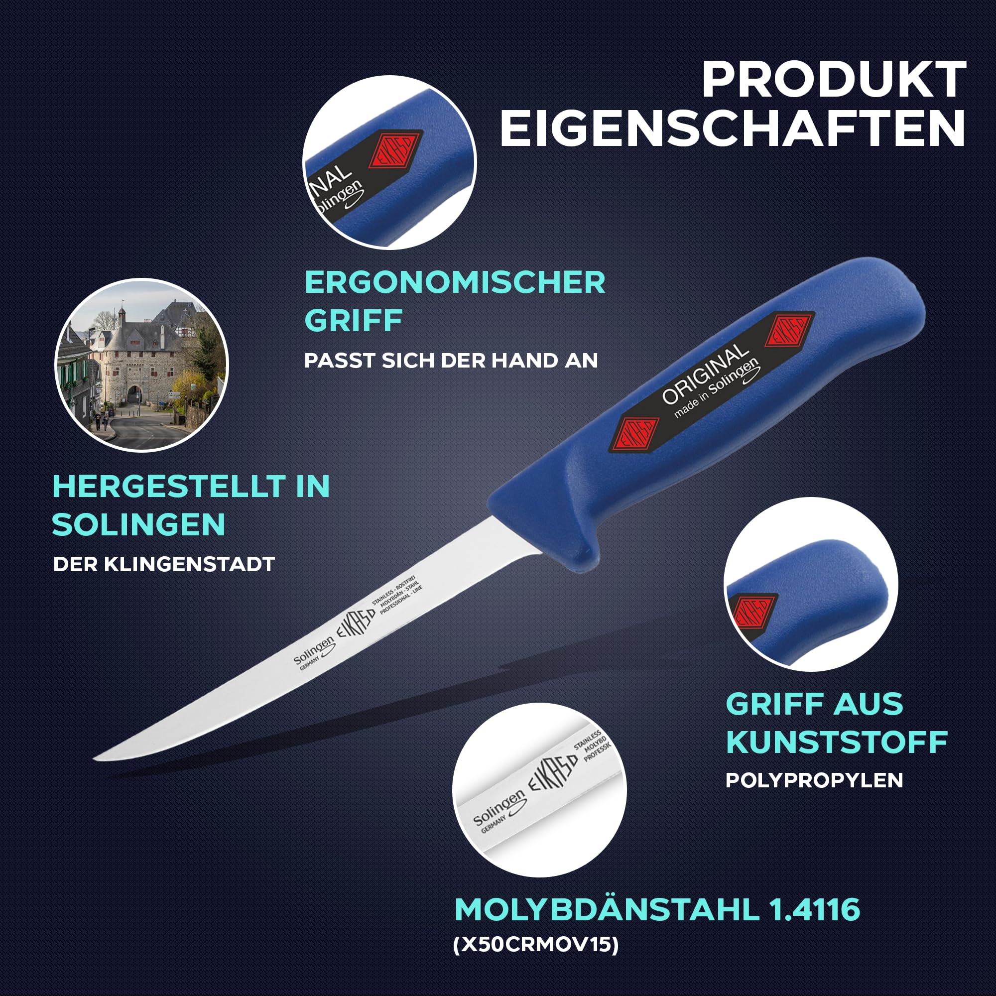 EIKASO | SOLINGEN Fischmesser Set 3 teilig perfekt geeignet für Anfänger, Profis und Fischliebhaber, Fischmesser mittelspitz, Filiermesser