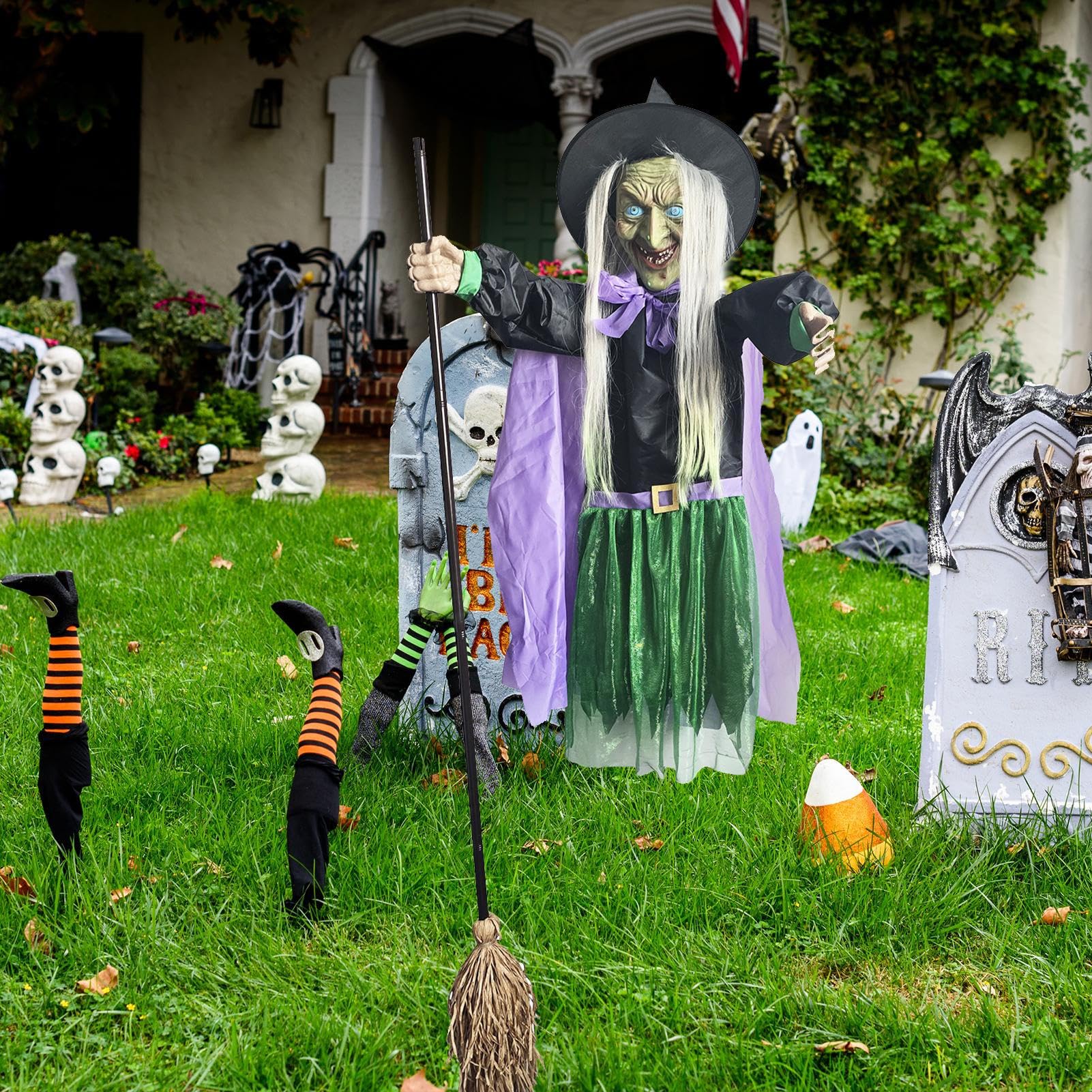 Halloweenowe Dekoracje Zewnętrzne Z Czarownicą Straszne Rekwizyty, | Halloweenowa latająca lewitująca miotła czarownicy z przerażającym dźwiękiem na Imprezę Nawiedzony Dom Ogród T