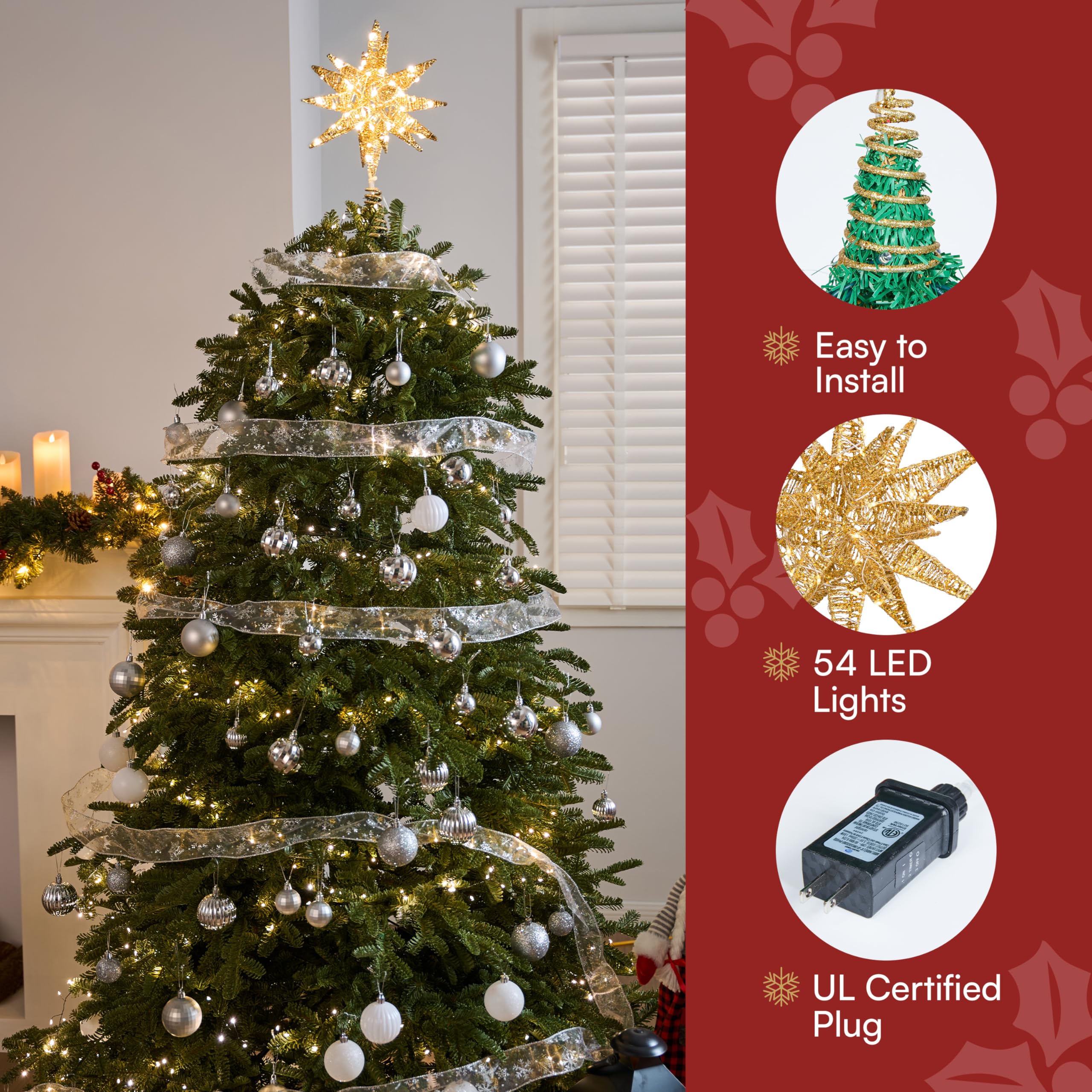 JOIEDOMI Cimier de sapin de Noël en métal 3D pailleté de 27,9 cm, blanc chaud, 36 LED avec prise minuteur, décoration de sapin de Noël, décoration d'intérieur