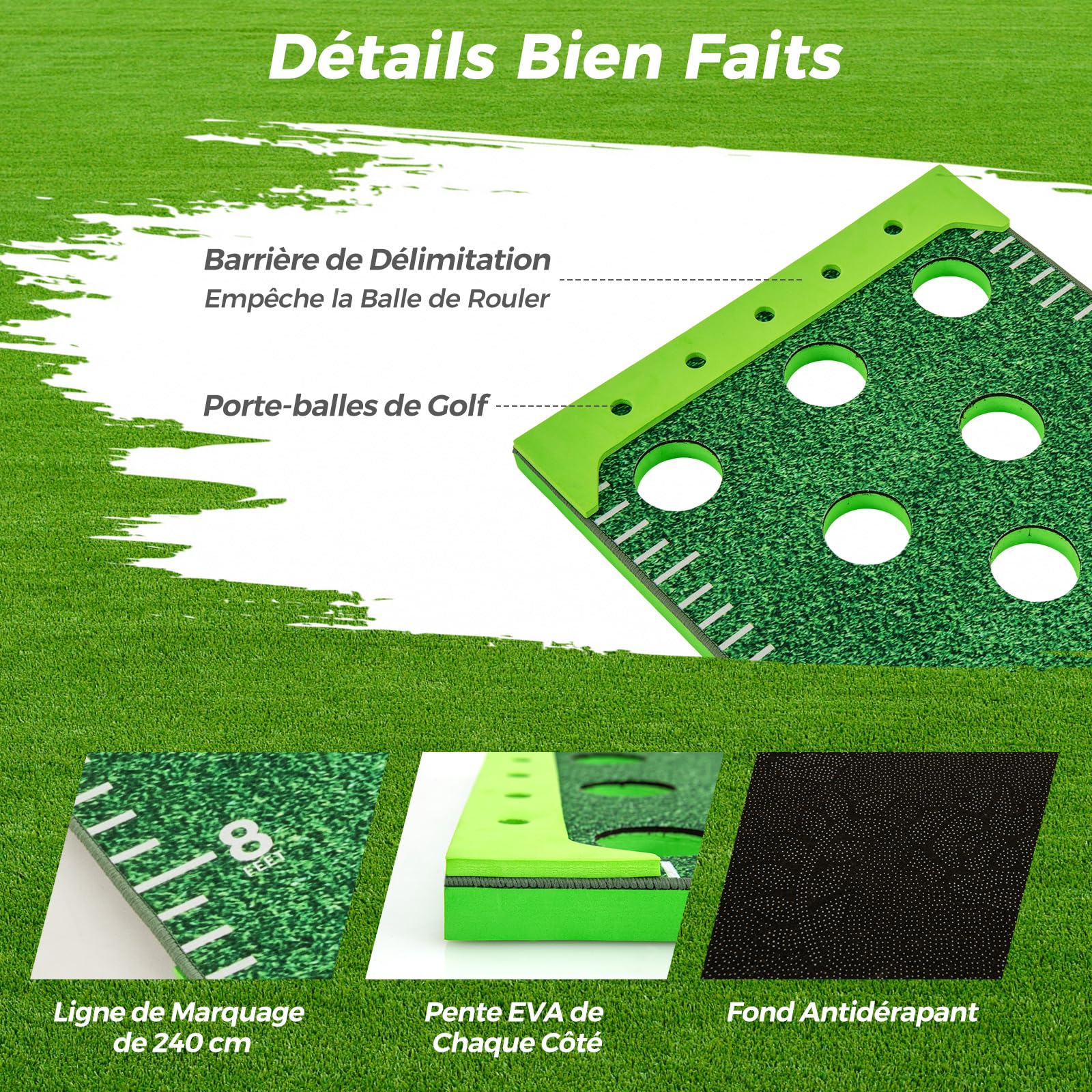 GOPLUS Tapis de Putting 332 x 50 CM Pliable et Portable avec 2 Putters Ajustables, 6 Balles et 12 Trous, Golf Putting pour Entraînement Golf, Intérieur et Extérieur, pour Maison, Bureau, Piscine