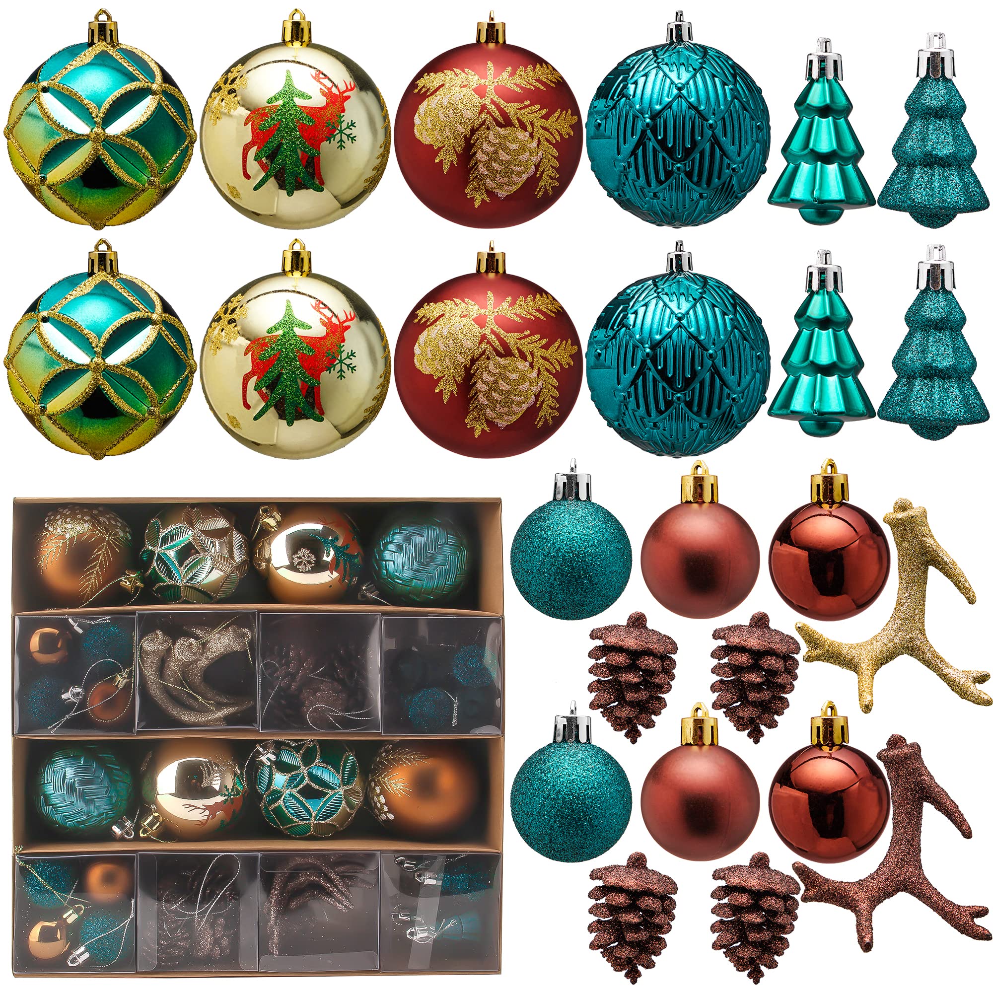 Joiedomi 56 Pcs Assorted Christmas Ornaments Set with Pine Cones and Ball Ornaments (Green and Gold), Shatterproof Hanging Xmas Tree Ornaments for Holidays Decoration
