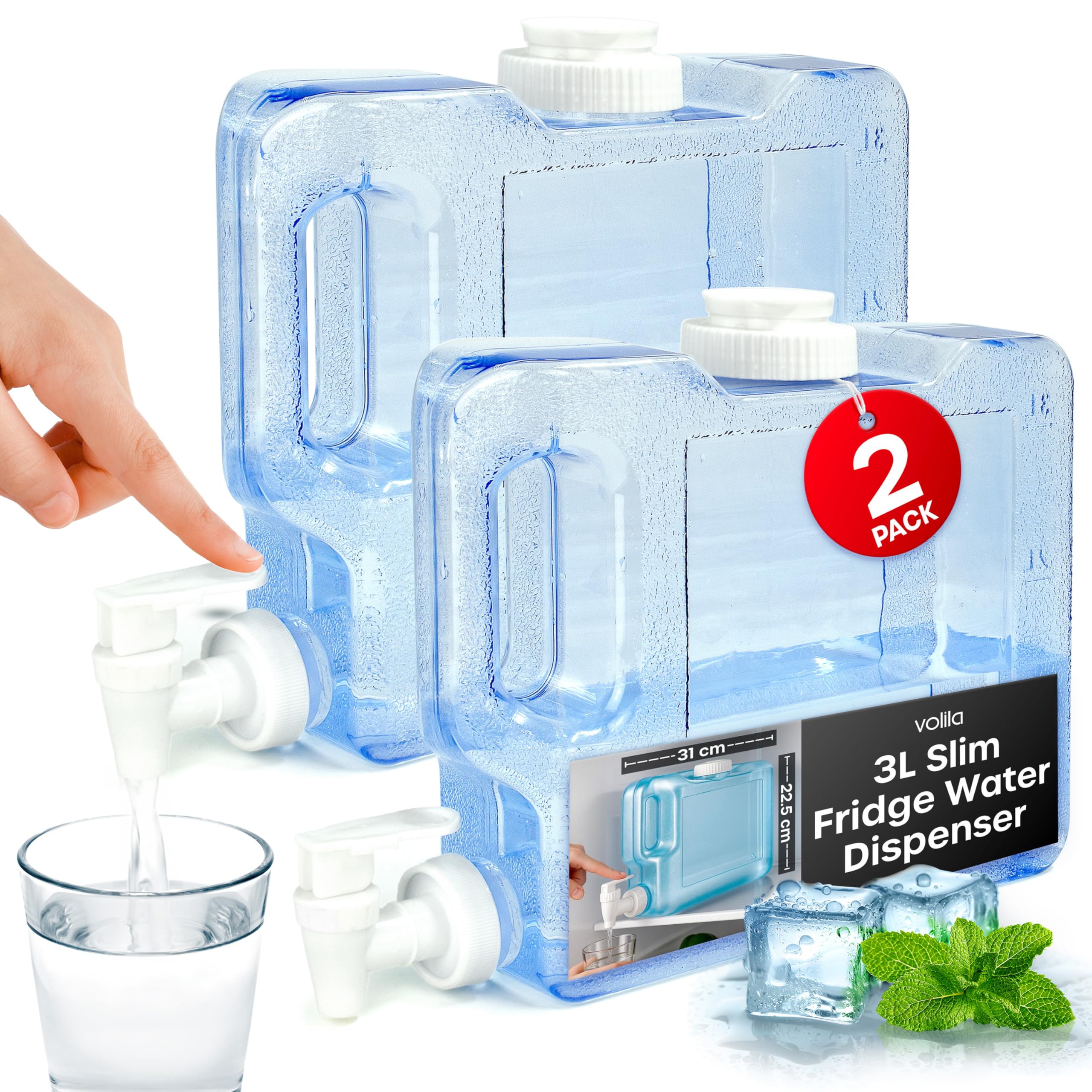 Slim Fridge Water Dispenser - 2 Pack 3L with Tap for Cold Drinks - Reusable for Travel, Camping, Picnic and Outdoor Events