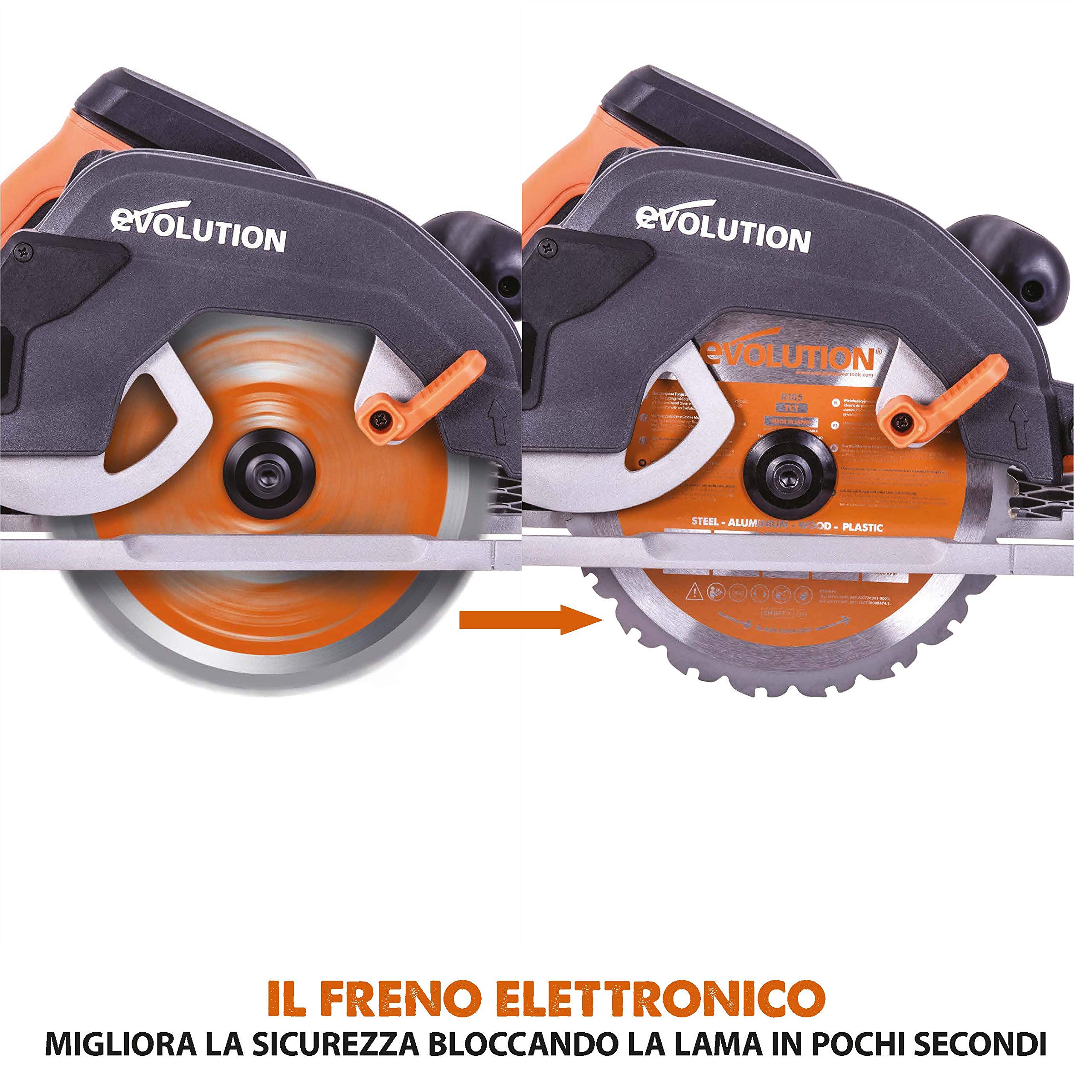 Evolution Power Tools - R185CCSX Sega Circolare Multi-Materiale 185 mm Compatibile con Binario Guida (Pacchetto Abbinato con Binario da 1020 mm Incluso), 230 V