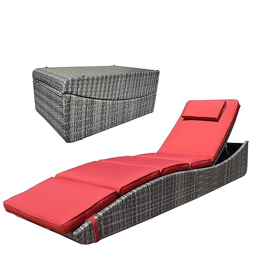 BTEXPERT Foldable Outdoor Chaise Pool Lounge Chair Folding Wicker Rattan Sun Bed Patio Couch Reclining Lounger Adjustable Padded Backrest Pillow Assembled, Brown - Two Piece