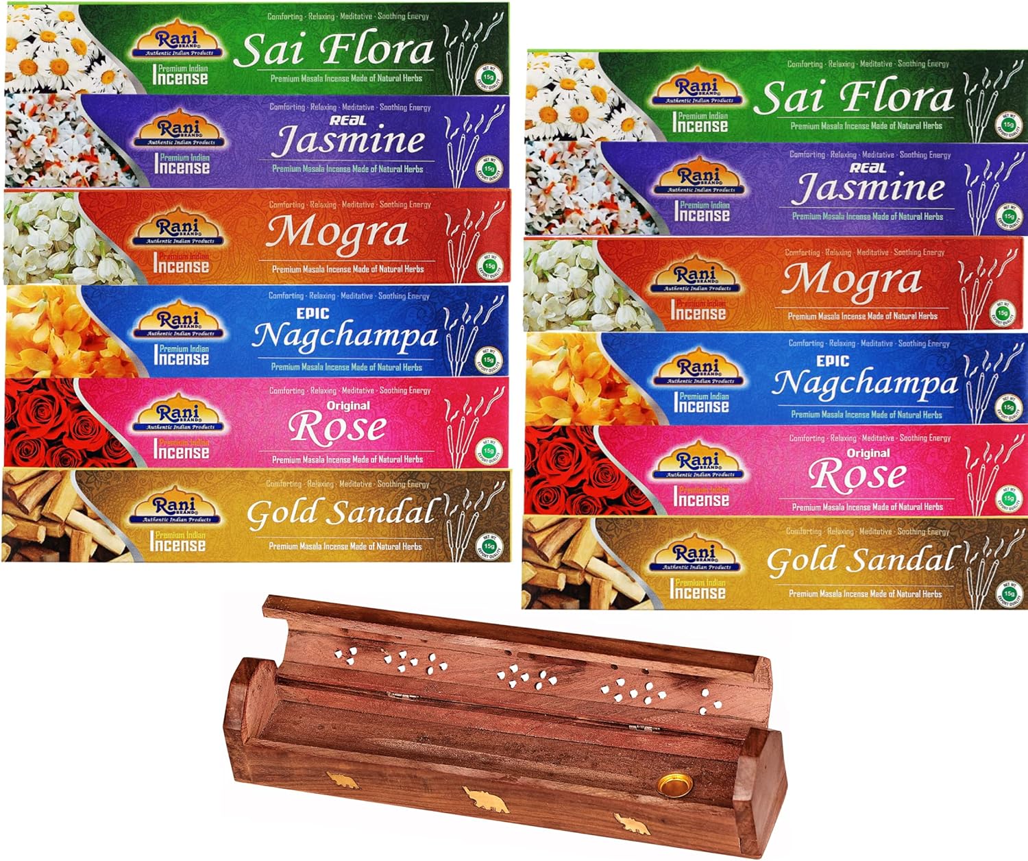 Rani Multi Pack Incense (Premium Masala Incense Made of Natural Herbs) 2 of Each Scents (Total of 12 Packets) with Incense Burner ~ Total of 120 Incense Sticks | Indian Origin
