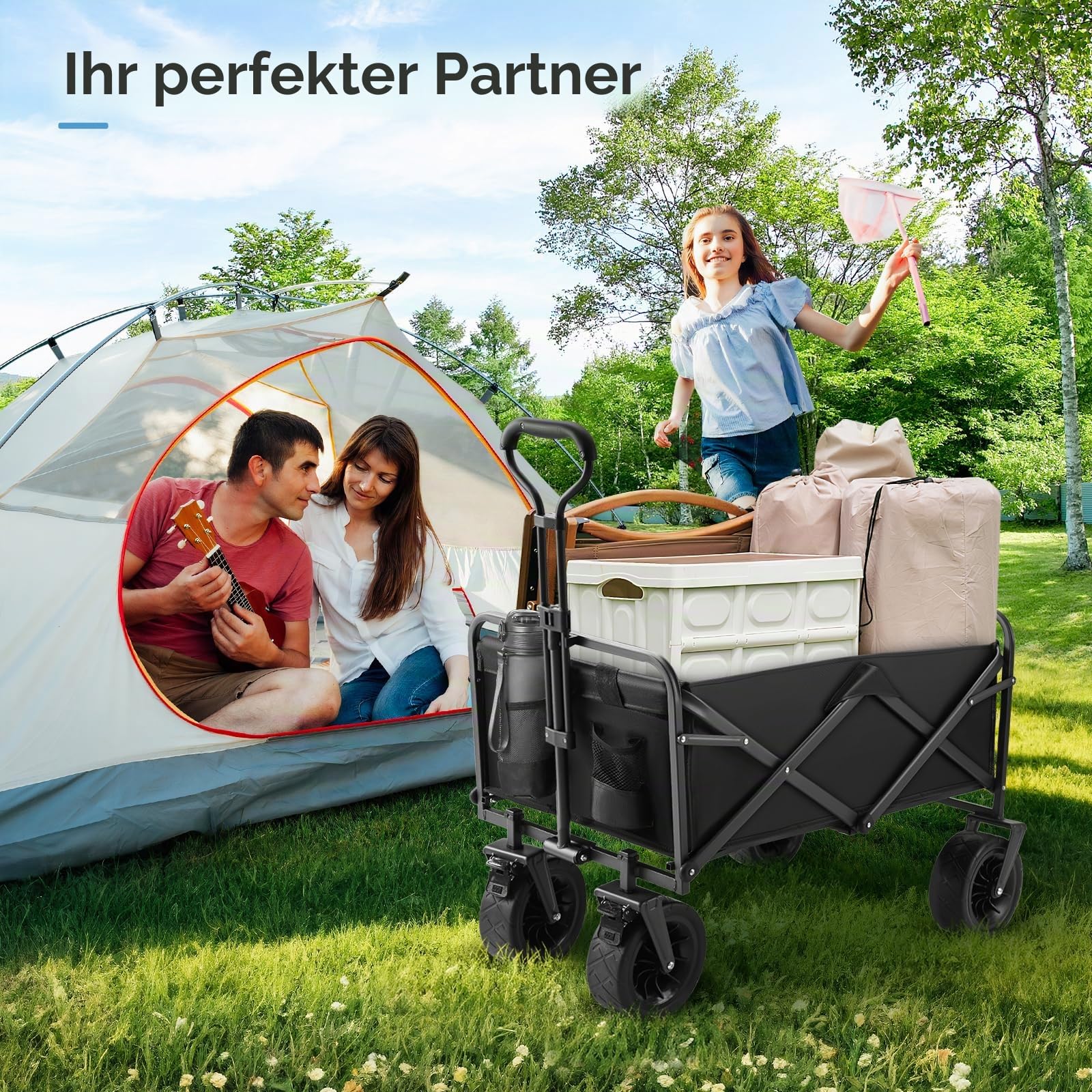 Bollerwagen faltbar Handwagen mit Getränkehalter 100L 100KG Transportwagen Gartenwagen Strandwagen für Alle Gelände Draussen Einkaufen für Geländetauglich mit Bremsen