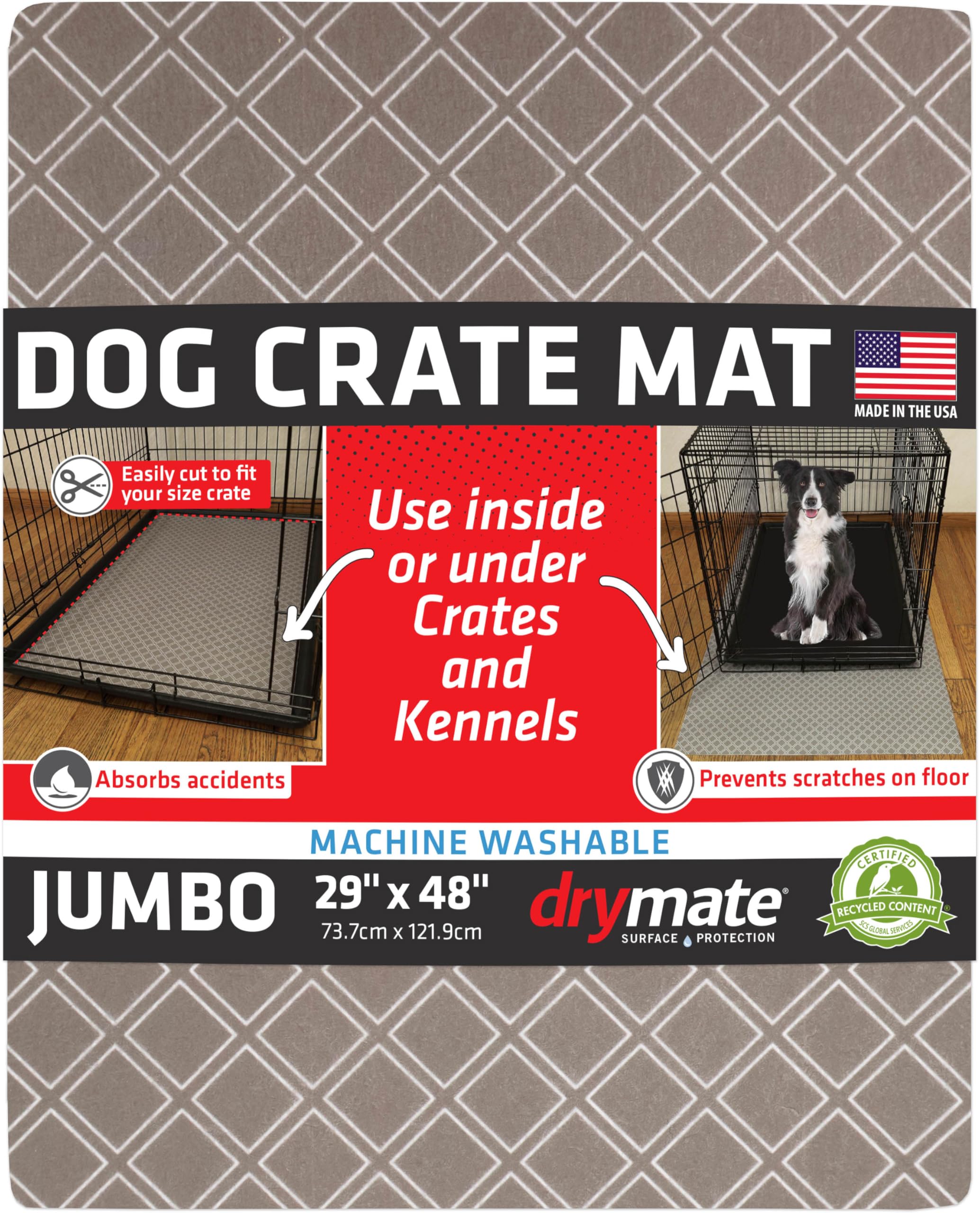 Drymate Dog Crate Mat Liner, Absorbs Urine, Waterproof, Non-Slip, Washable Puppy Pee Pad for Kennel Training - Use Under Pet Cage to Protect Floors, Thin Cut to Fit Design (USA Made) (Taupe)(29”x48”)