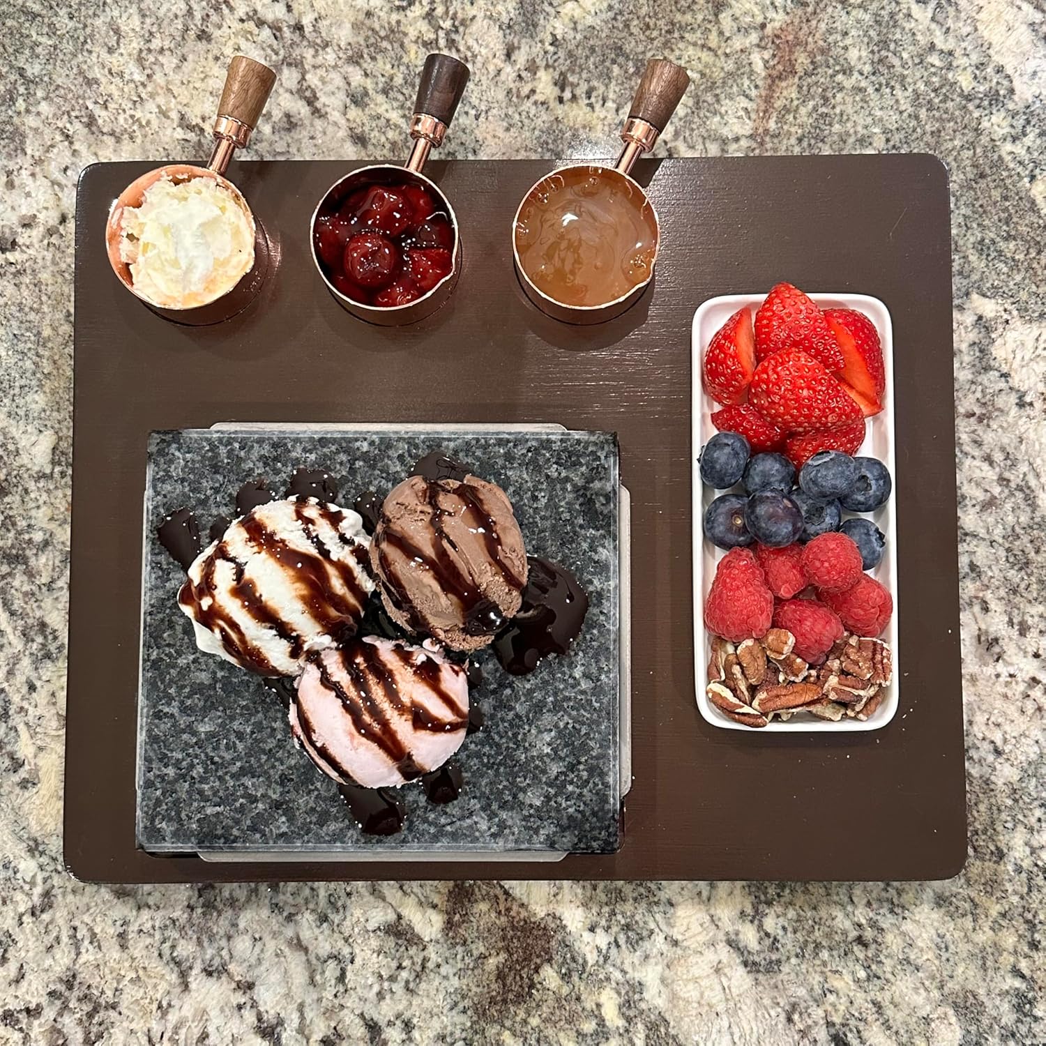 Stained Bamboo Granite Cooking Slab for Steak, Grill Stone Set for BBQ/Meats/Hibachi/Parties, Indoor Cooking