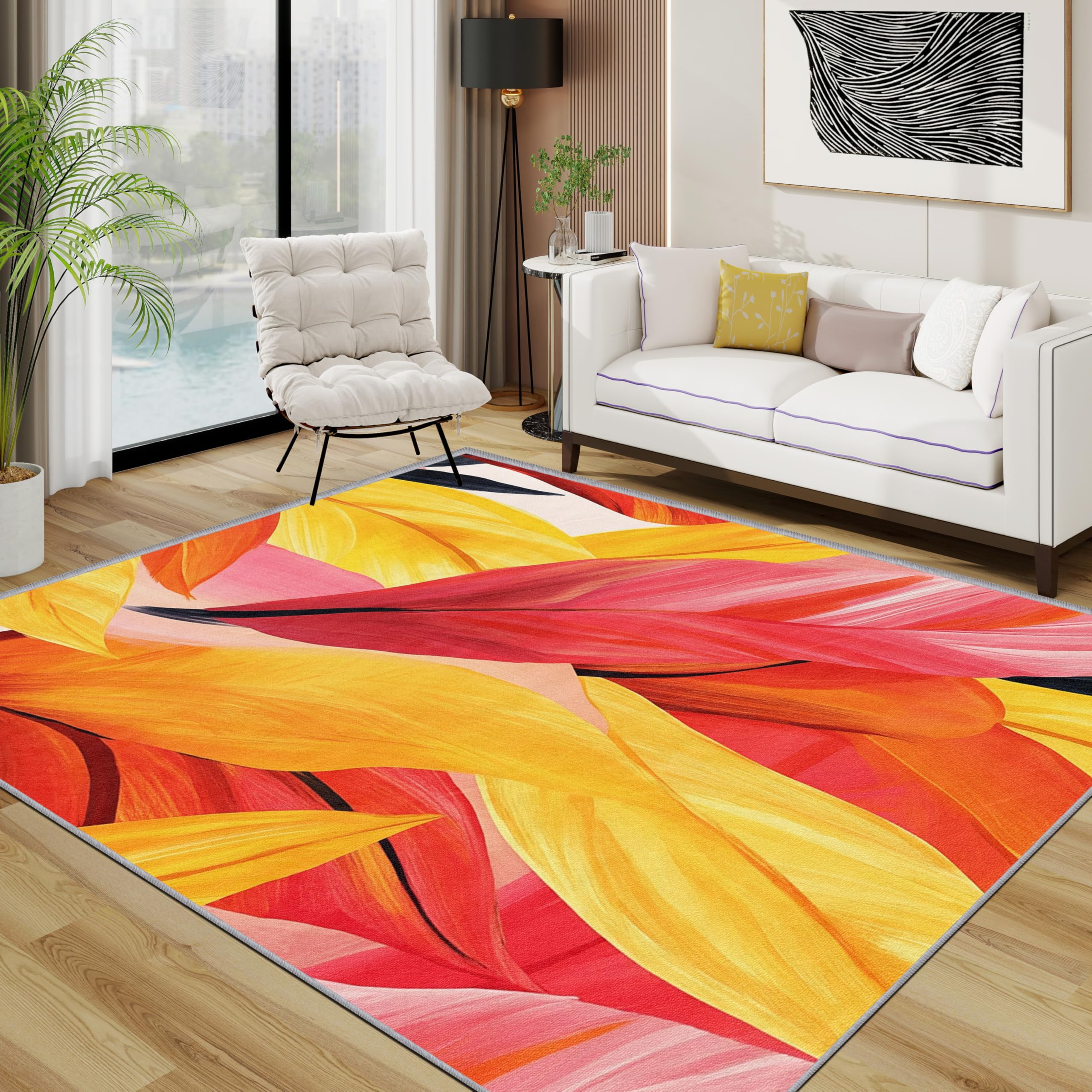 TerroVee Leaf Area Rugs for Living Room 120x180 - Colourful Abstract Leaves Rug for Bedroom, Modern Art Non Slip Washable Short Pile Carpet, Leaf House Decor