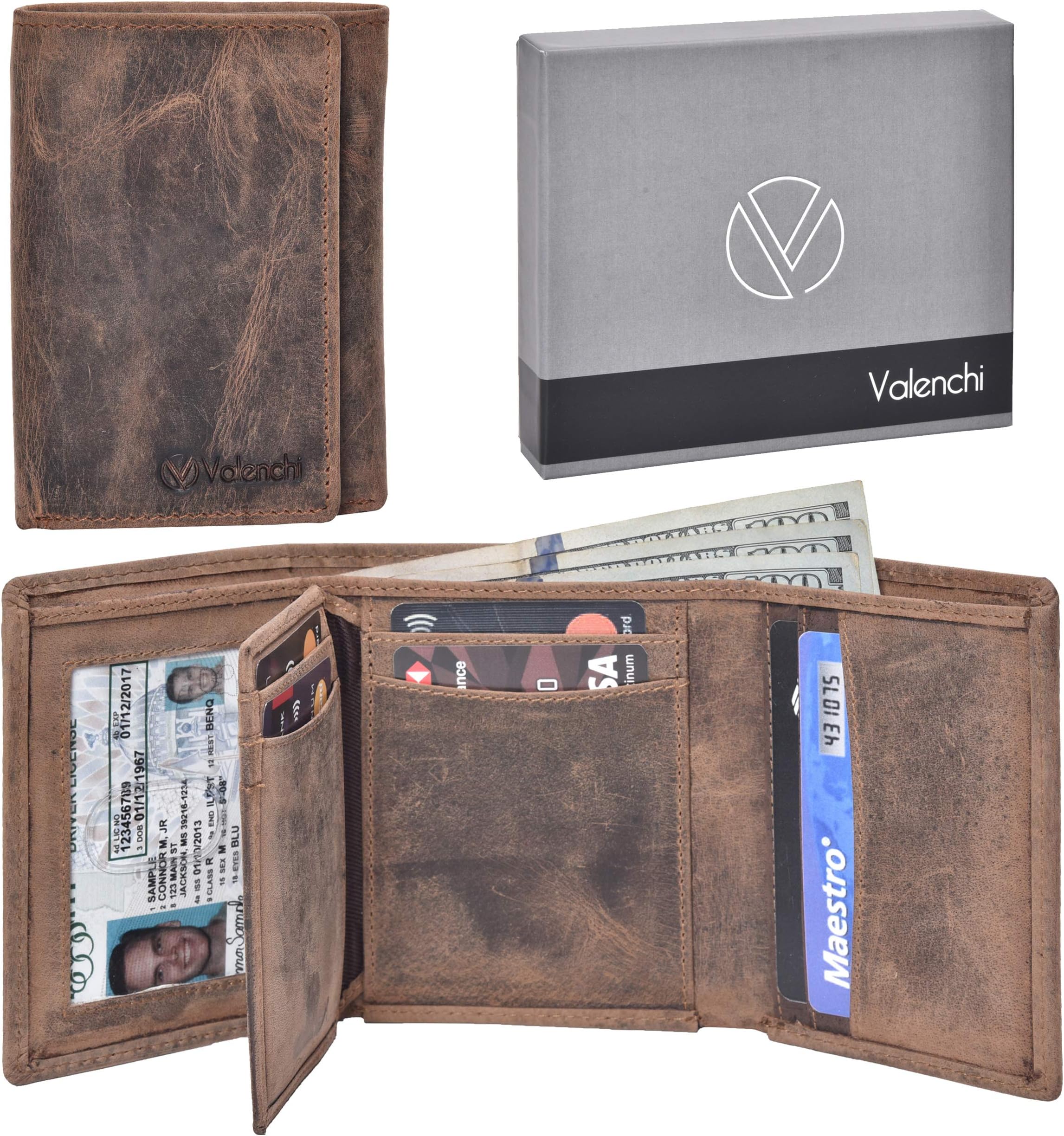 RFID Leather Slim Trifold Front Pocket Mens Wallet with 9 card slots,2 Note pocket coin pocket & ID window