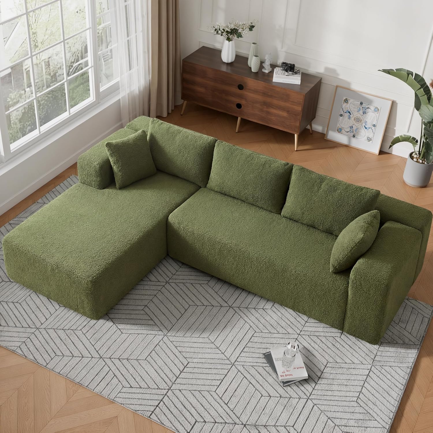 106” Modular Sectional Sofa, Cloud Sectional Couch with High-Density Memory Foam, L-Shaped Boneless Sofa for Living Room, Pet-Friendly Corduroy Modular Couch, No Assembly Required Green