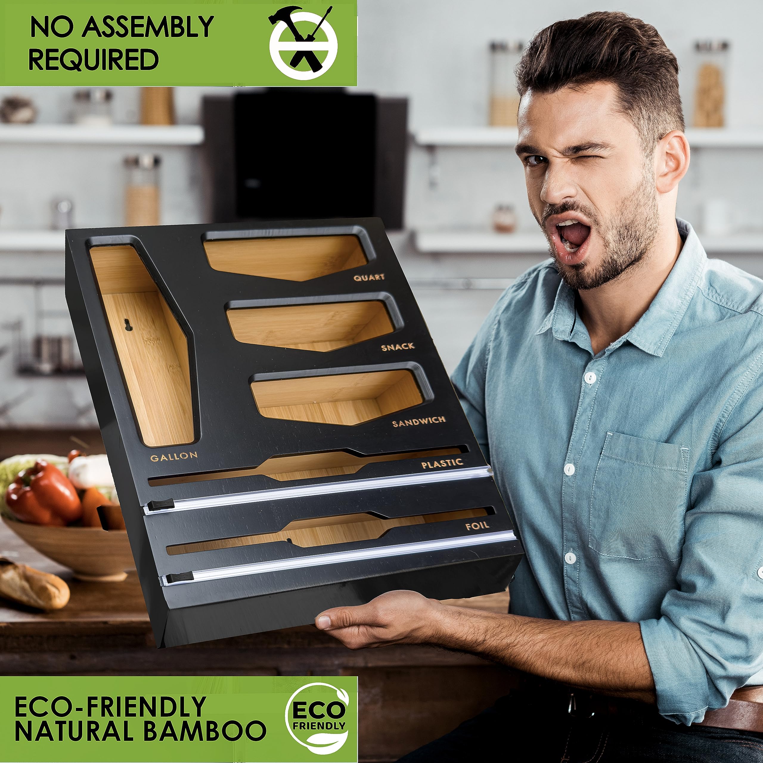 ORGANYZA Ziplock Bag Organizer and Plastic Wrap Dispenser with Cutter-100% Bamboo storage bag organizer 6 In 1 with aluminum foil dispenser, includes 4 Plastic bag dispenser, 2 kitchen wrap organizer.