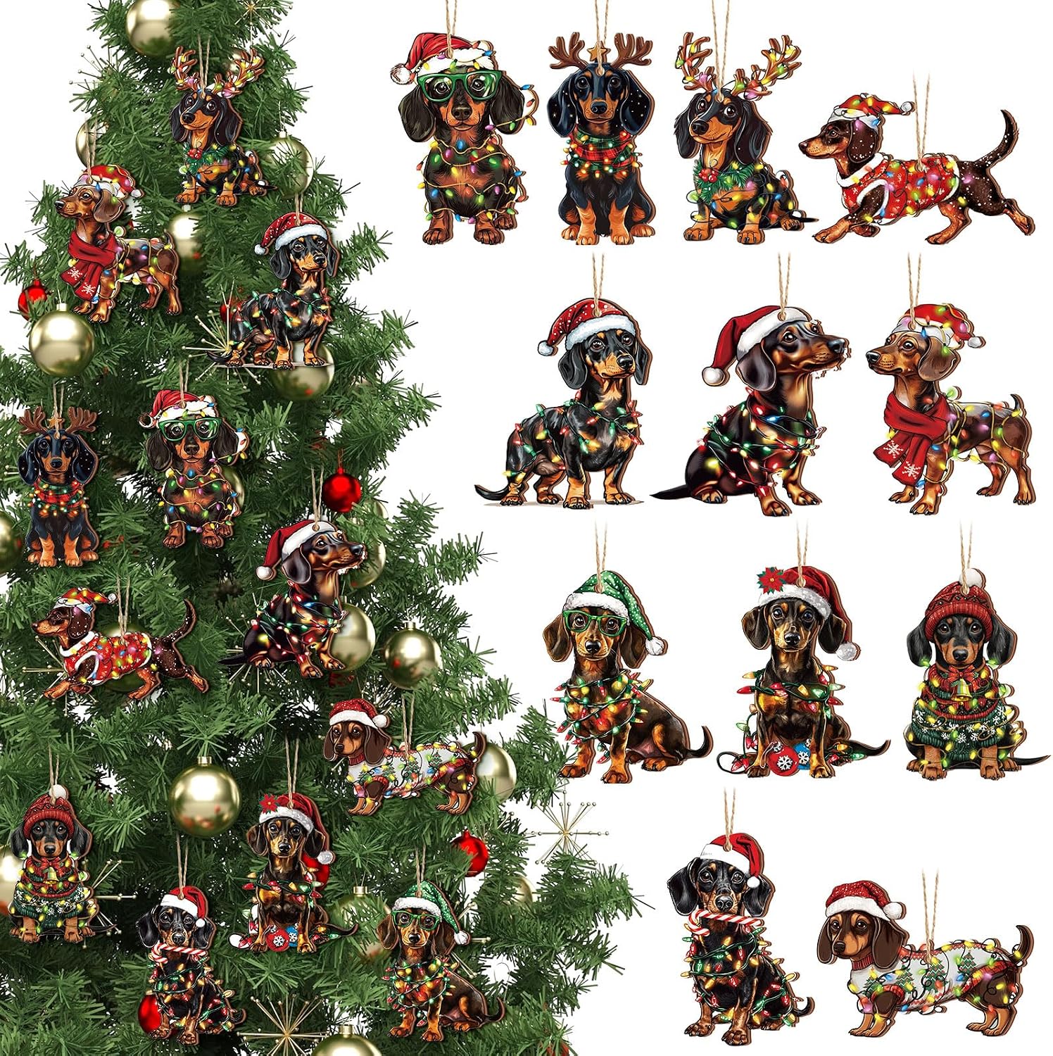 FairySandy 36 Pcs Dachshund Christmas Wood Ornaments Dachshund Dog Themed Christmas Tree Hanging Ornaments 3.4 Inch Pet Dog Pendants with Rope for Holiday Xmas Decorations Party Gift