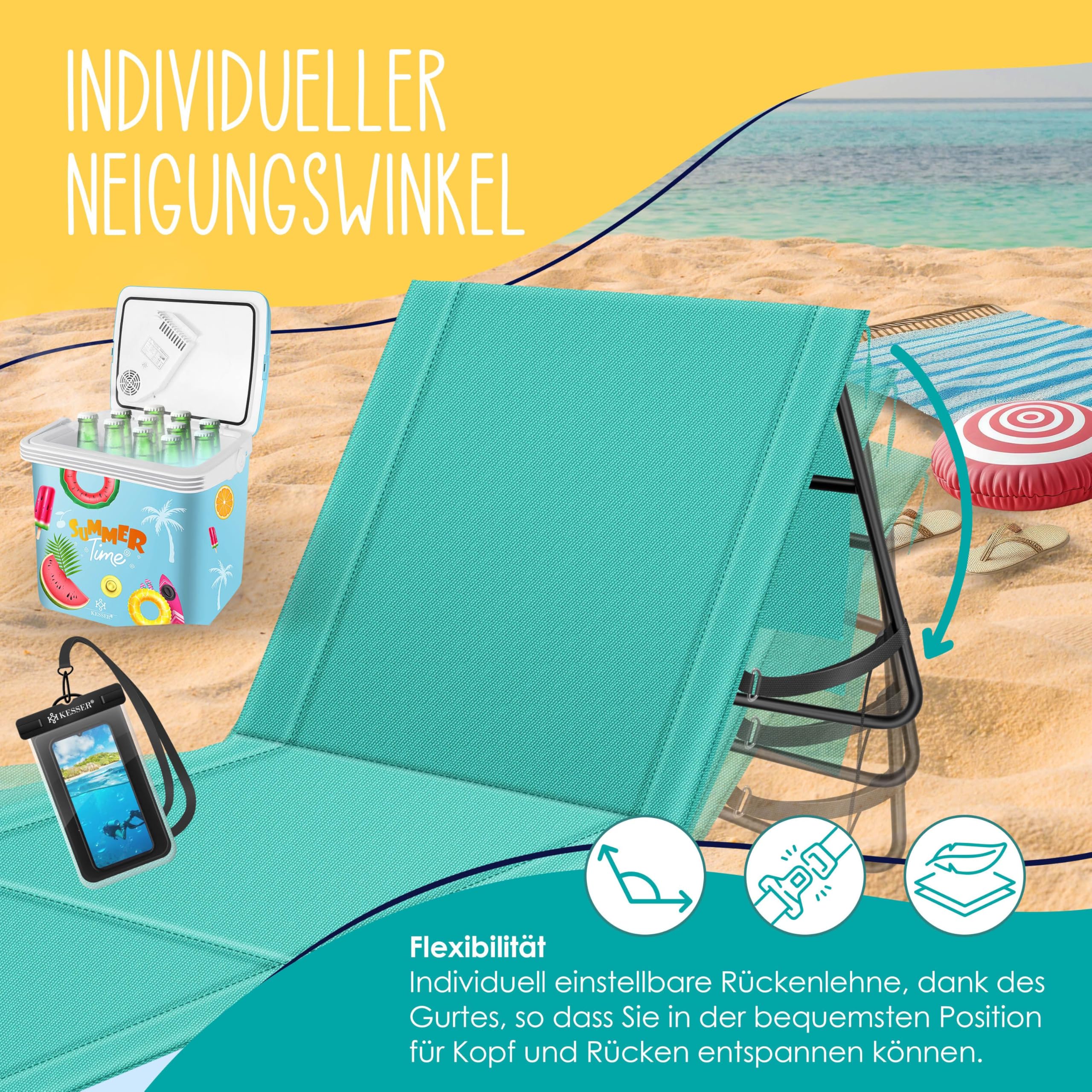 KESSER Juego de 2 esterillas de playa plegables con respaldo ajustable, correa de transporte, bolsa impermeable y almacenamiento, tumbona plegable para playa, jardín y terraza, soporta 130 kg cada uno
